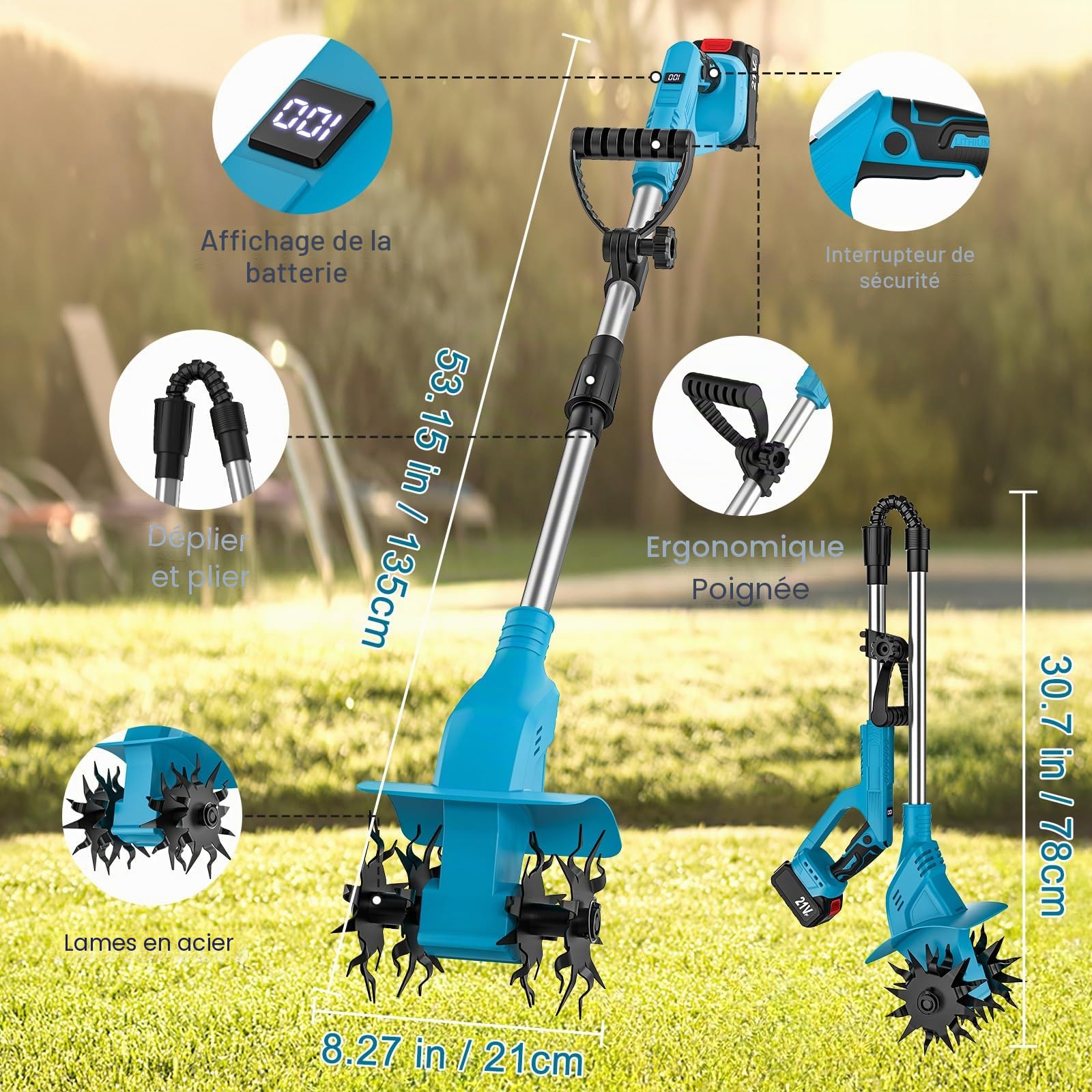 Motoculteur Électrique 21V, Motobineuse sans Fil avec 2 x 4.0Ah Batterie, Moteur sans Balais, Rouleau Double 4 Lames, Affichage LED, 20CM Largeur et 16CM Profondeur, Motoculteur pour Potager, Yard