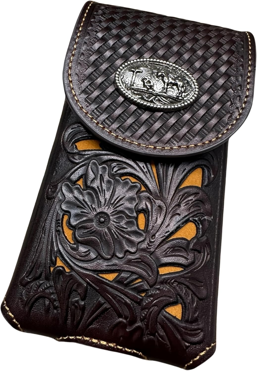 Western Leather Phone Holster – Laser Cut Floral Design with Cowboy Praying at Cross Concho – Belt Loop Carry Case for Smartphones