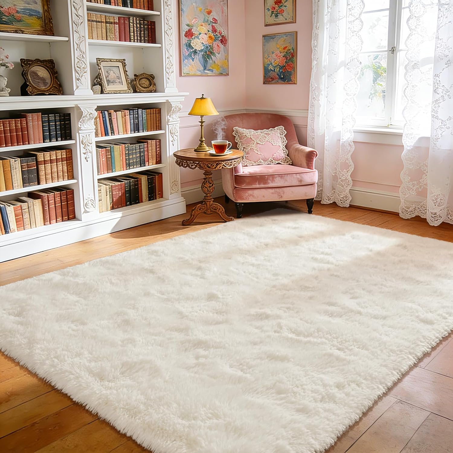 Przemy Ivory Area Rug for Bedroom, 4x6 Feet Fluffy Shaggy Living Room Rugs, Super Soft Fuzzy Carpet Rug for Boys Kids Room Dorm Nursery Indoor Home Decor