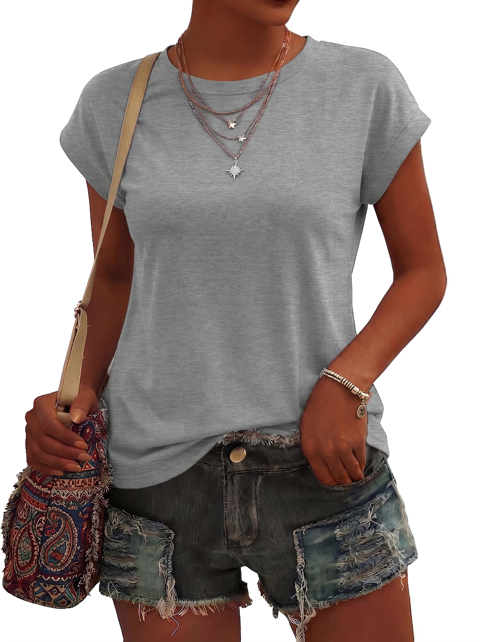 Wayleb T Shirt Damen Sommer Rundhals Oberteile Elegant Basic Kurzarm Top