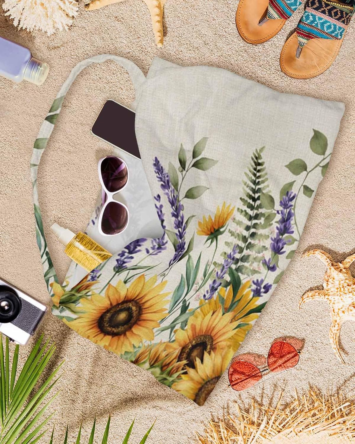 Farm Flowers Beach Pool Patio Lounge Chaise Chair Cover Towel With Pockets,Absorbent & Quick Dry Microfiber Towel Cover Bag Summer Accessories for Sunbathing Vintage Sunflower Lavender Eucalyptus Leaf