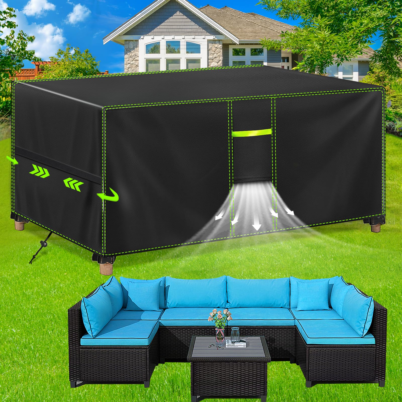 FORTRY Gartenmöbel Abdeckung Wasserdicht, 420D Winterfest | Abdeckplane für gartentisch, terrassenmöbel & sitzgruppe, reißfest, robust,langlebig, wetterfest, mit belüftung