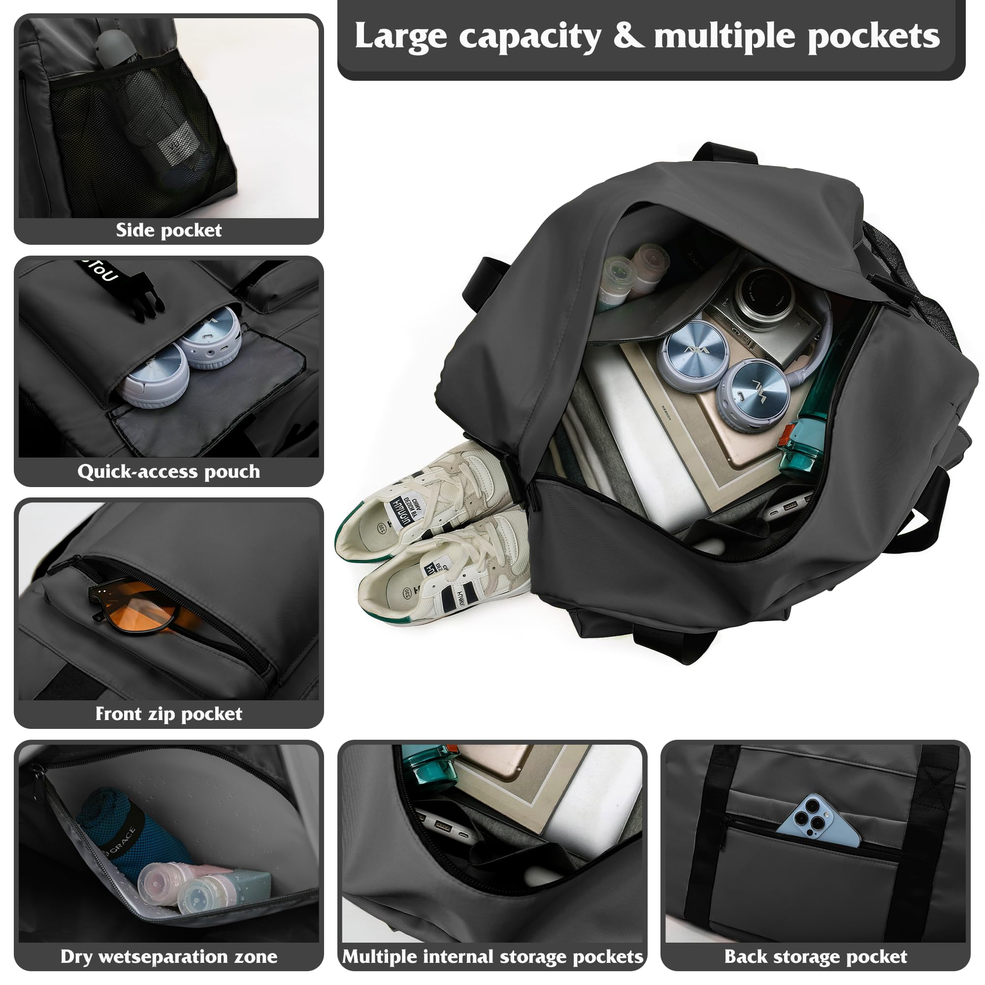 Sac de Sport Femme Homme, Sac Sport avec Compartiment à Chaussures de Ventilation, Sac de Voyage Femme Imperméable avec Compartiment Humide (Noir)