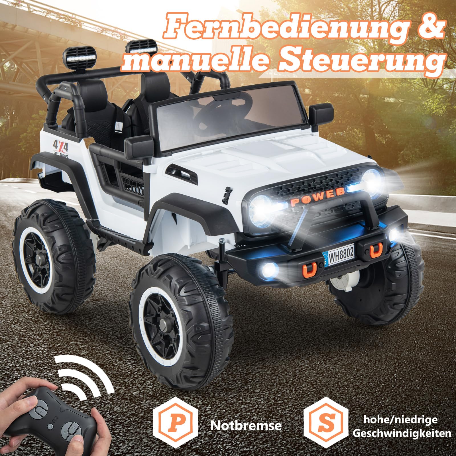 COSTWAY 2-Sitzer Elektroauto für Kinder, 24V Kinderfahrzeug mit Fernbedienung & Schaufel, Elektrofahrzeug mit Musik & Geschichten & USB & Hupe, Elektro Auto für Kinder ab 3 Jahren (Weiß)
