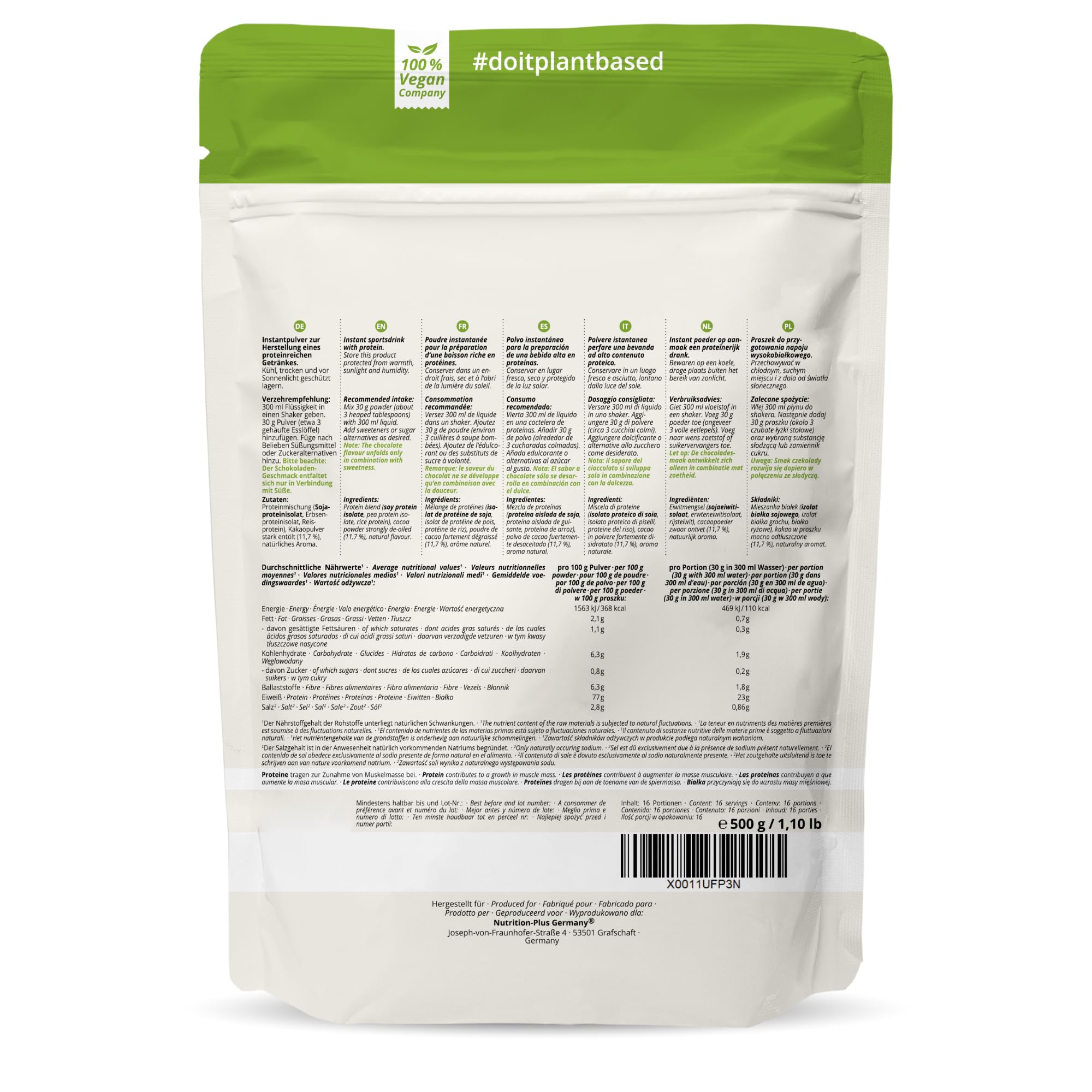 nutri+ Proteine in Polvere Naturali Cioccolato senza Edulcoranti 500g Proteina di Soia e Piselli Bibita Sportiva senza Lattosio per Shake o per Cucinare senza Glutine Vegano