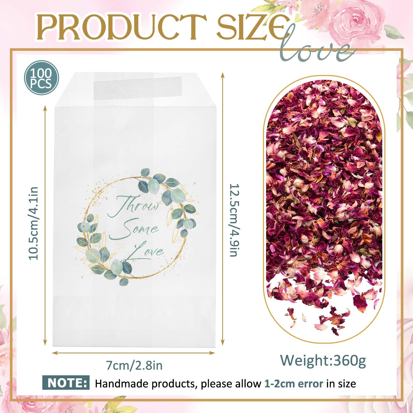 Tenare 100 Sets Wedding Confetti Bags Kit for 90-100 Guests Includes 360g Natural Dried Flower Dried Rose Petals Glassine Envelopes Paper Confetti Bags with Pattern for Wedding Anniversary - Image 2
