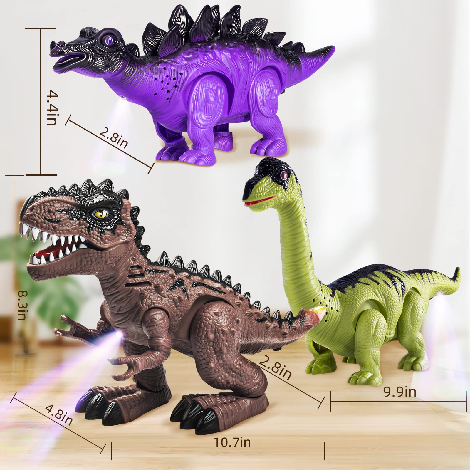 Doloowee Juguete de dinosaurio para niños de 3 – 5/5 – 7 años, juego de 3 robots eléctricos de dinosaurio con luces LED y sonidos, juguete de dinosaurio para niños y niñas
