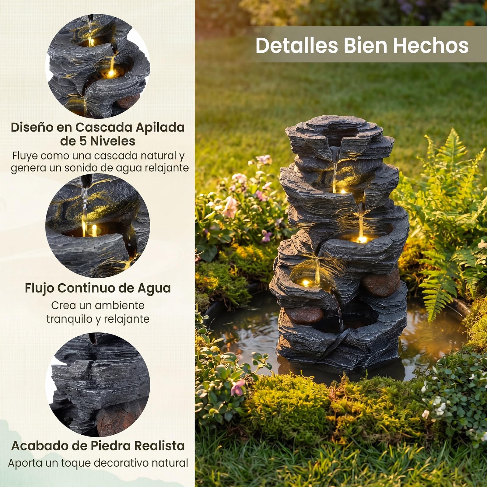 COSTWAY Fuente de Agua en Cascada 5 Niveles, Iluminación LED Bomba, 45,5 cm | Fuente Jardin Exterior, Decoración Independiente de Mesa o Suelo Salón Patio Terraza