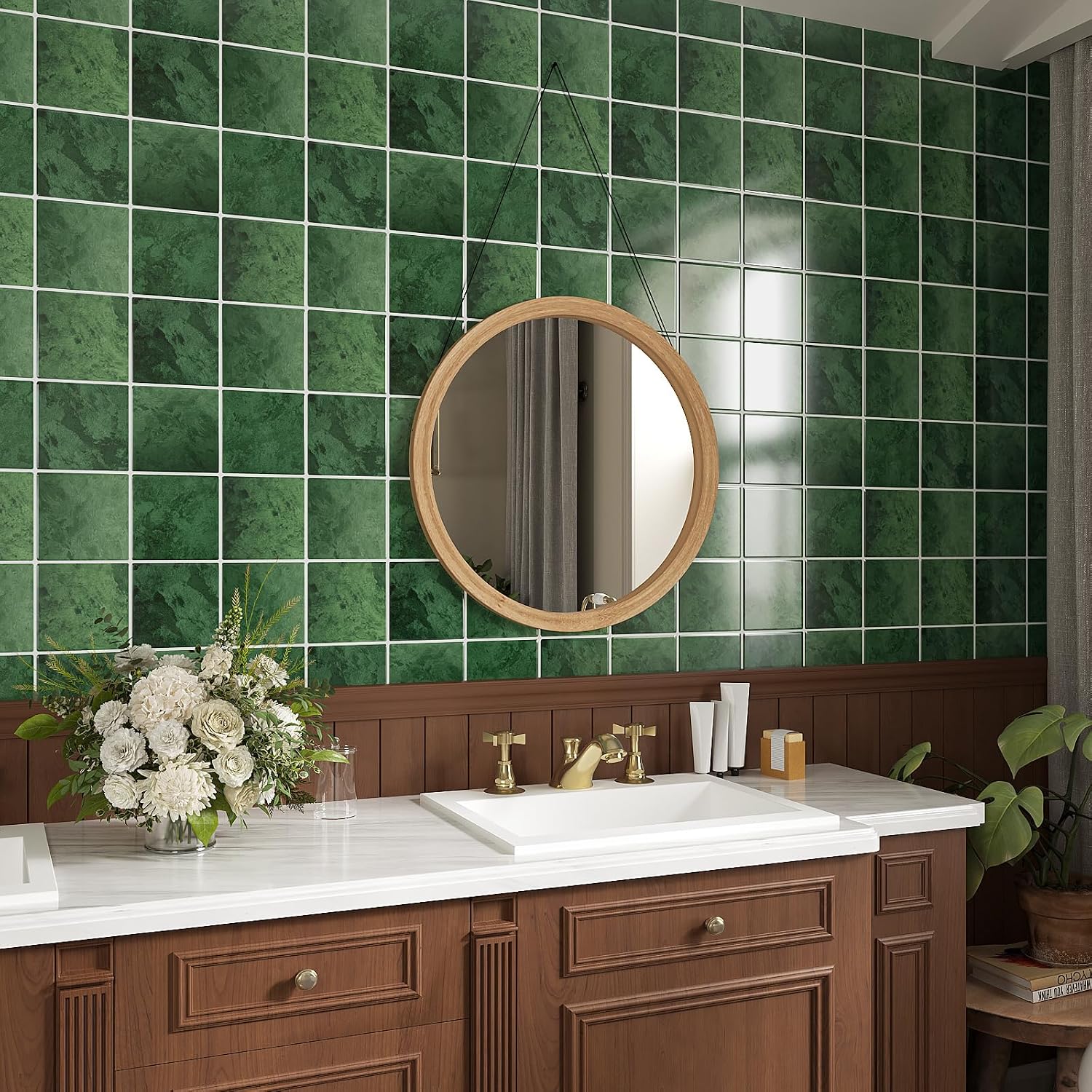VaryStyle Backsplash Tile Peel and Stick Wall Tiles Emerald Green Peel and Stick Backsplash for Kitchen Wall Stickers 18-Sheet 12"x12" Marble Square Tile Self Adhesive Sticky Back Splash for Bathroom