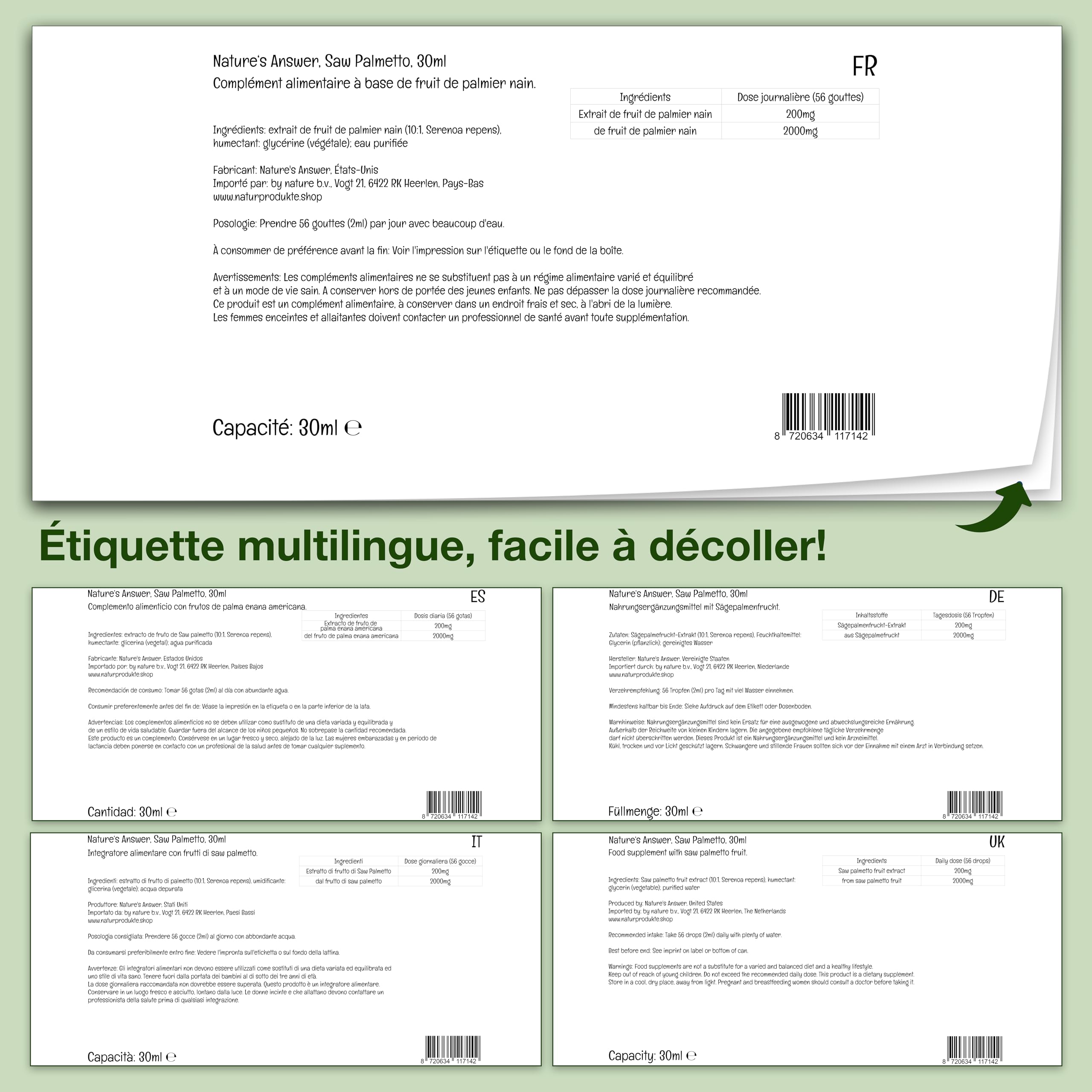 Nature's Answer, Saw Palmetto Extract (Extrait de Palmier Nain), Sans Alcool, Gouttes végétaliennes, 30ml, Sans Gluten, Sans Soja, Végétarien, Sans OGM