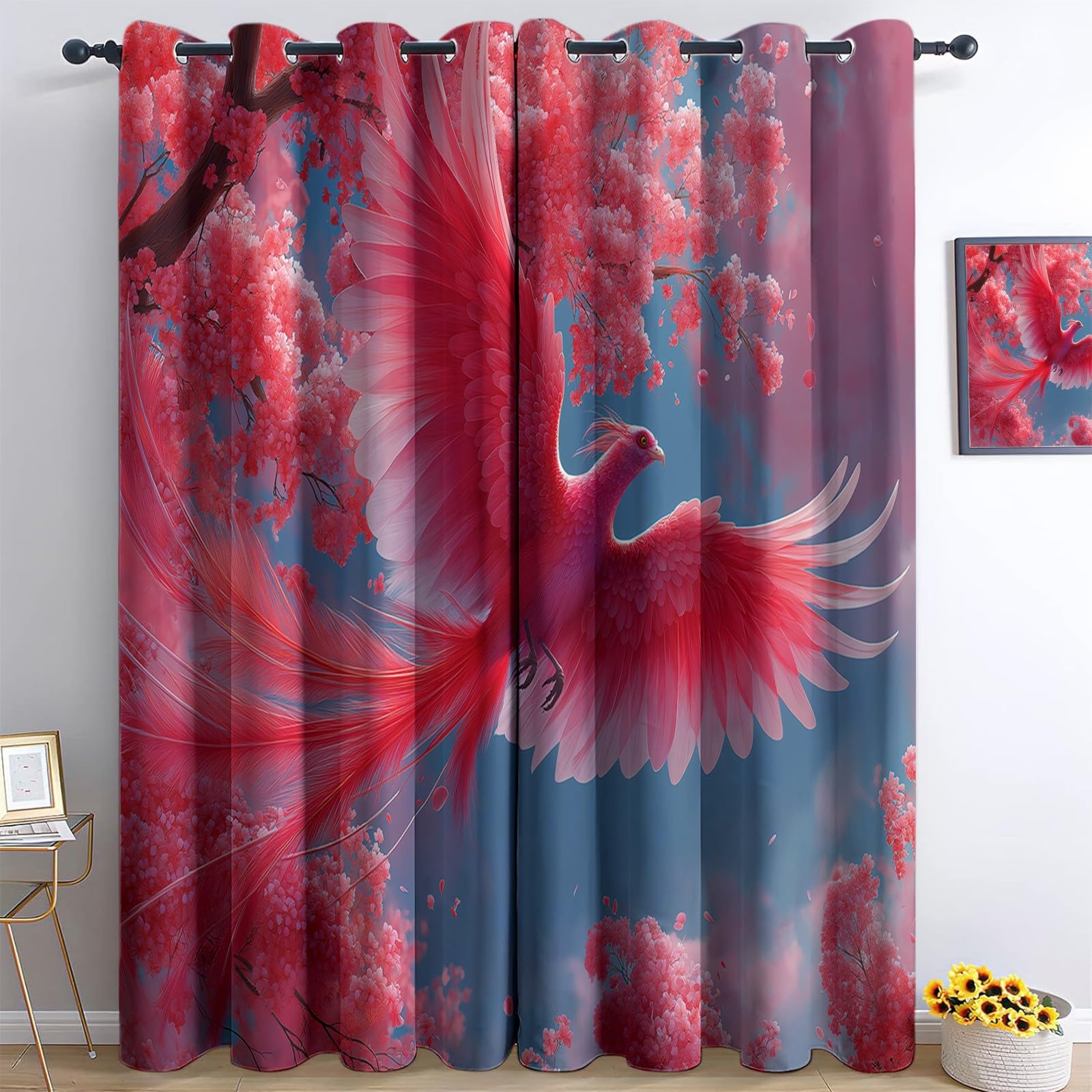 Generico 117 x 230 cm zestaw 2 paneli zasłon do wnętrz, wzór Feniks, kwiaty wiśni, nieprzezroczyste zasłony do sypialni, salonu, zaciemniające, niebieskie zasłony dla chłopców i dziewcząt