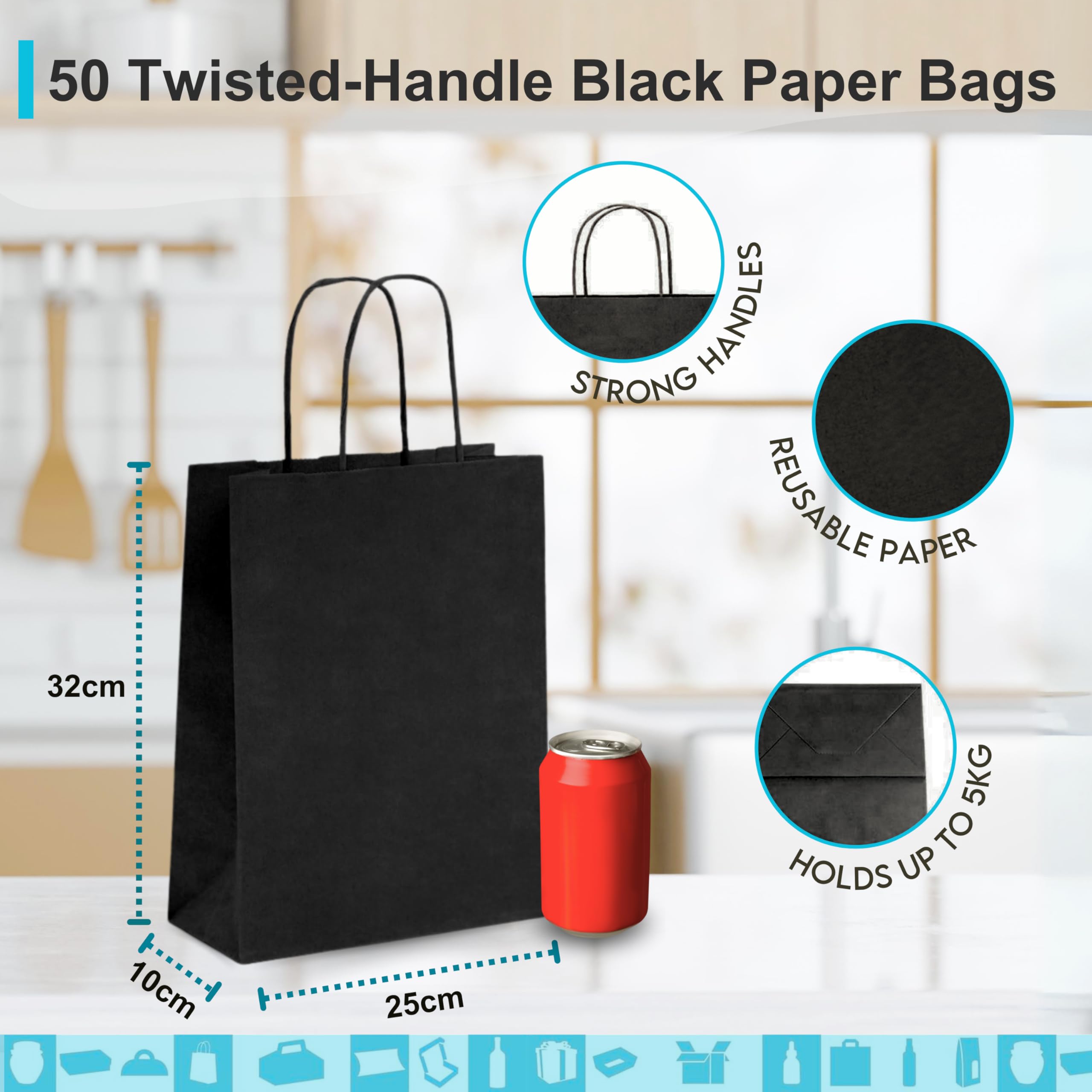 50 Sacchetti di Carta Kraft Nero con Manici 25x12x32cm | Borsa per lo Shopping, Regali di Nozze
