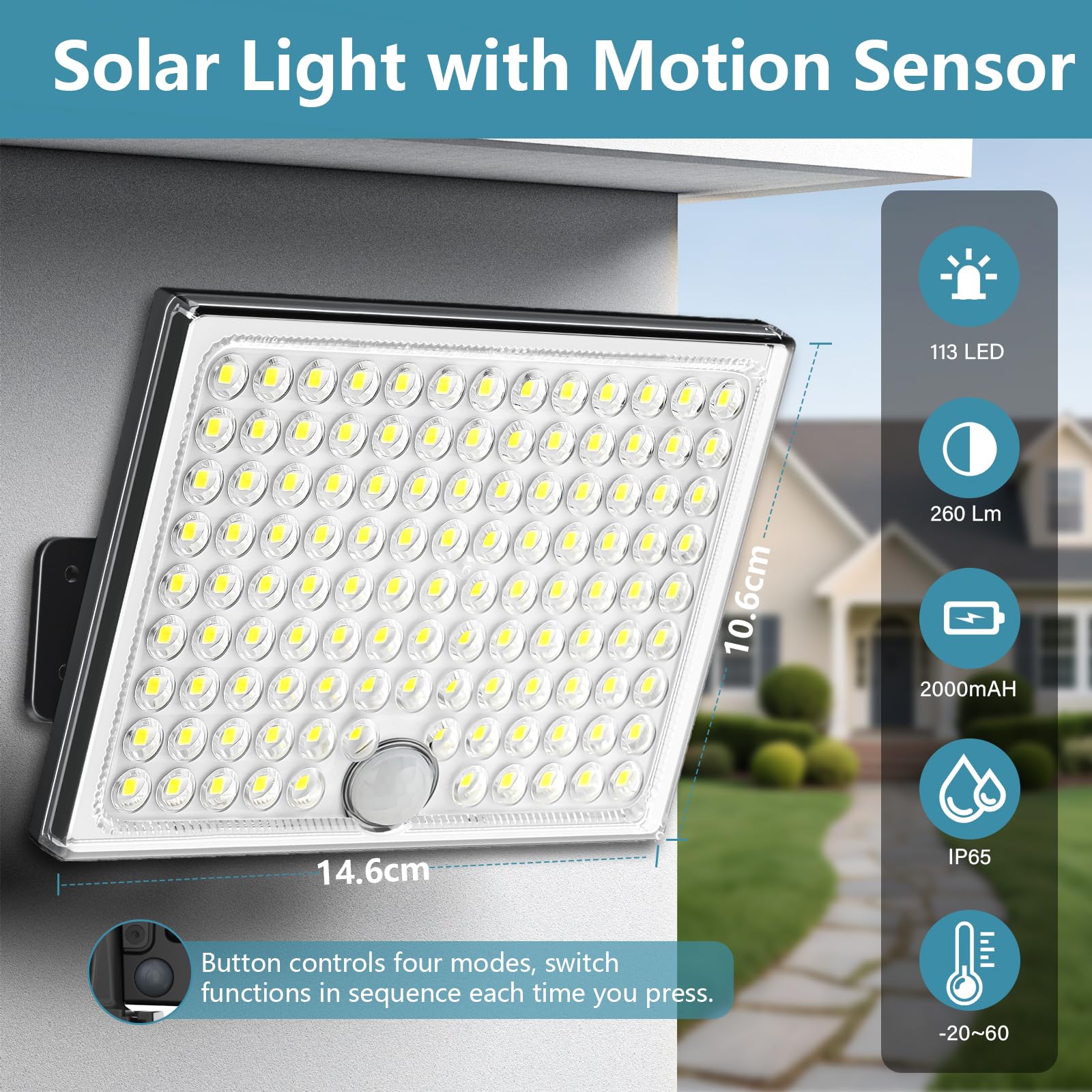 Giliwosy Faretto Led da Esterno Solare con Sensore di Movimento, Luce Solare Led Esterno con 113 LED 2000mAh 4 Modes IP65 Impermeabile, Luci Solari da Giardino con 5M Cavo, 1 Pezzo