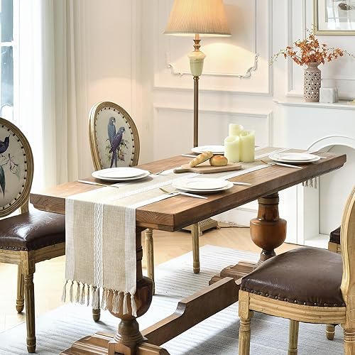 Miniatura 7 de Wracra Camino de mesa bordado de lino de 72 pulgadas de largo con borlas a mano para fiestas de vacaciones, bodas y comedor (café, 13 x 72 pulgadas)