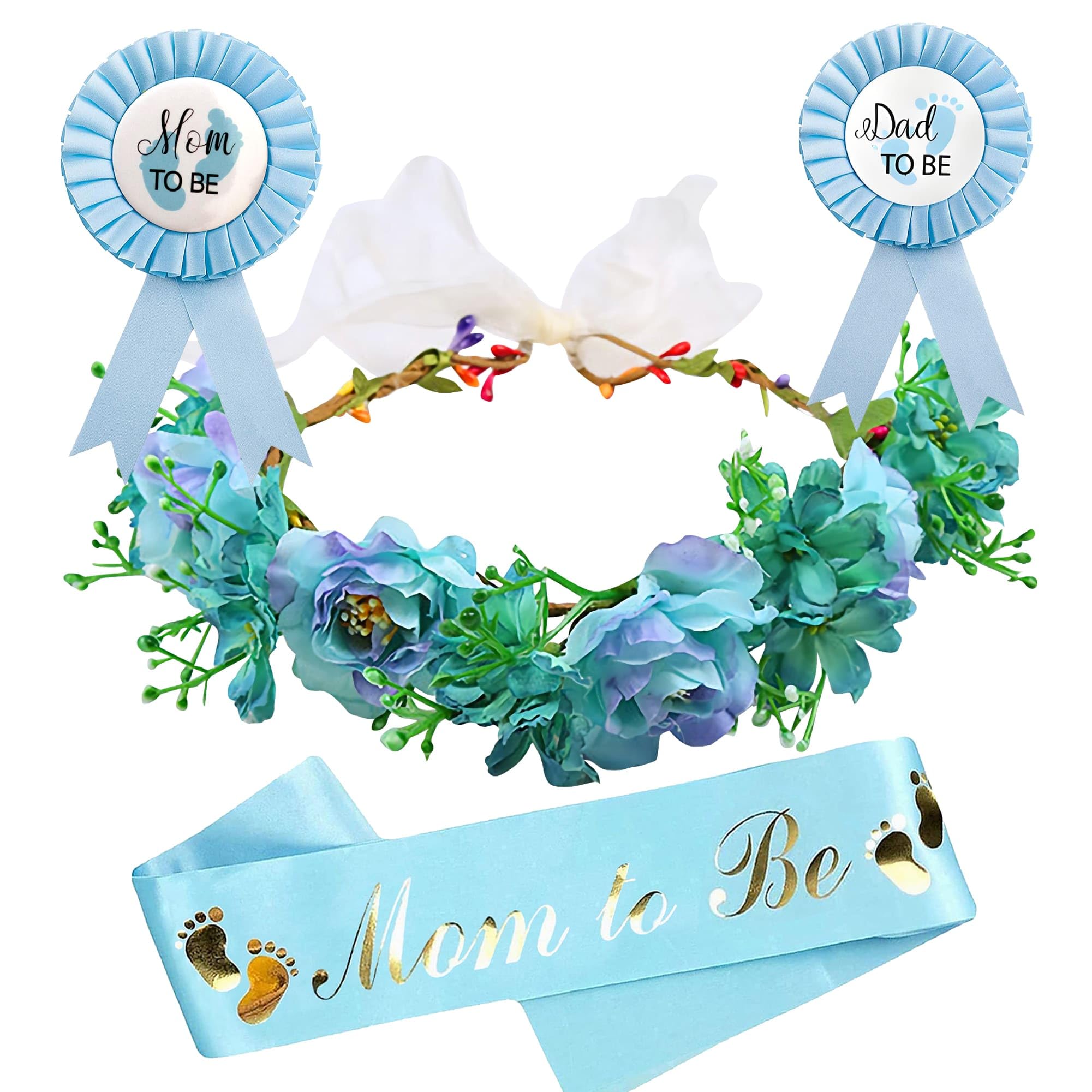 Memeyou Baby Shower Decoration Adjustable Flower Crown Tiara Mom to Be Sash Dad to Be Corsage Badge Kit Gender Reveal Party Favors for Pregnancy