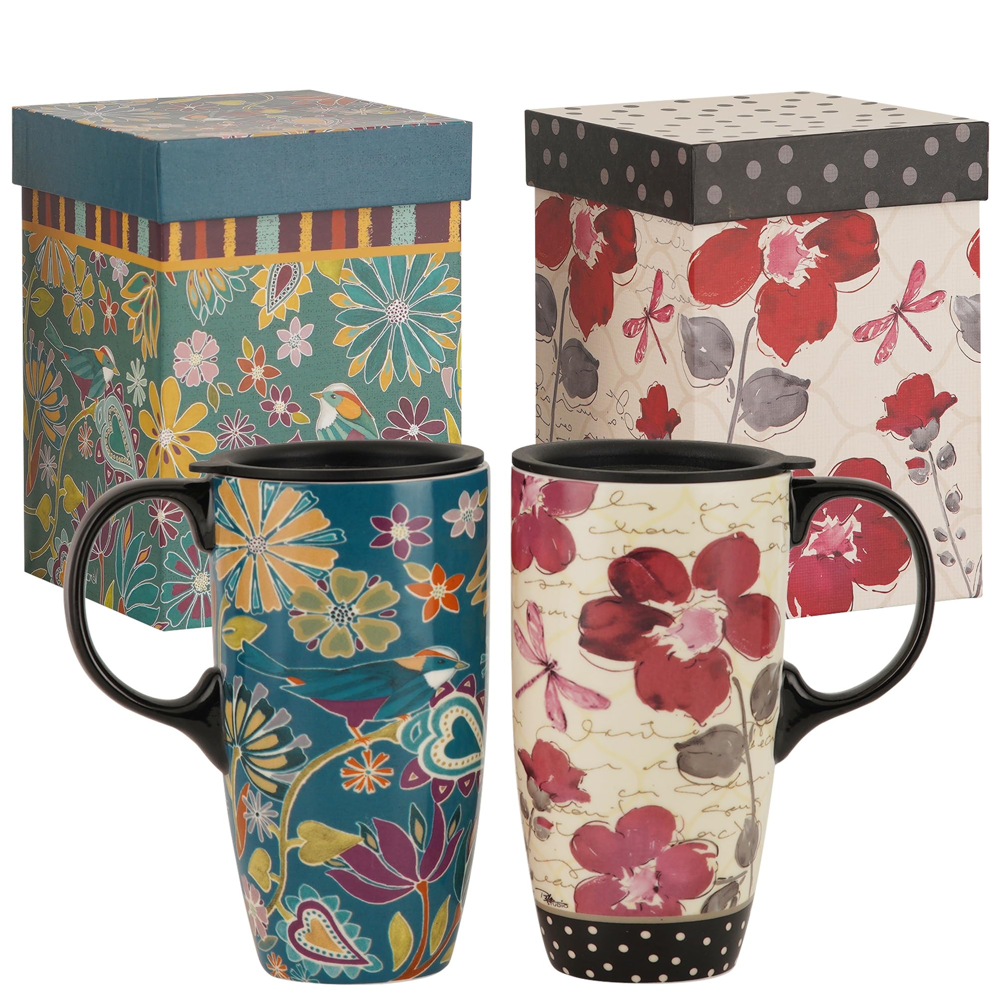 Topadorn 17 oz Tall Ceramic Latte Mug Coffee Cup with Handle Sealed Lid Coffee Mug, Set of 2, Mother's Day Gift