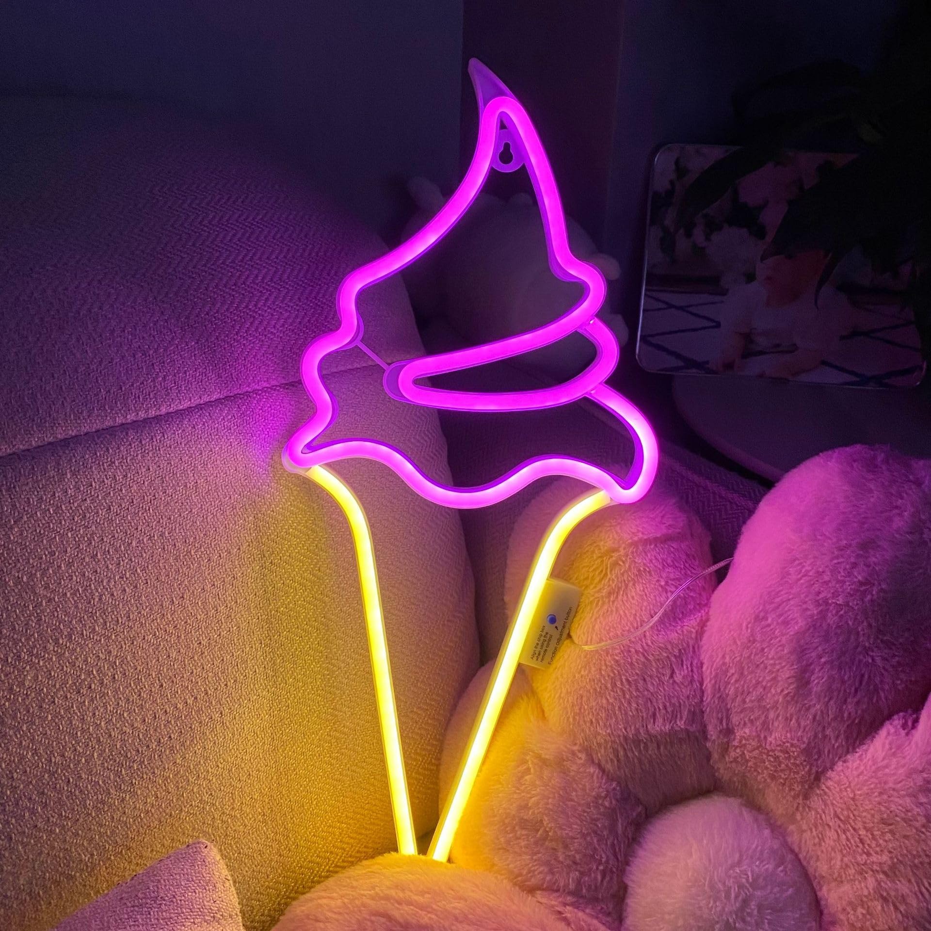 SHANJIA LED Neon Light Sign, Ice Cream Neon Lights Ice Cream Neon Signs for Wall Decor with 8 Mode 18 Key Remote Control USB Or Battery Powered for Home, Party, Childre (Pink Warm)
