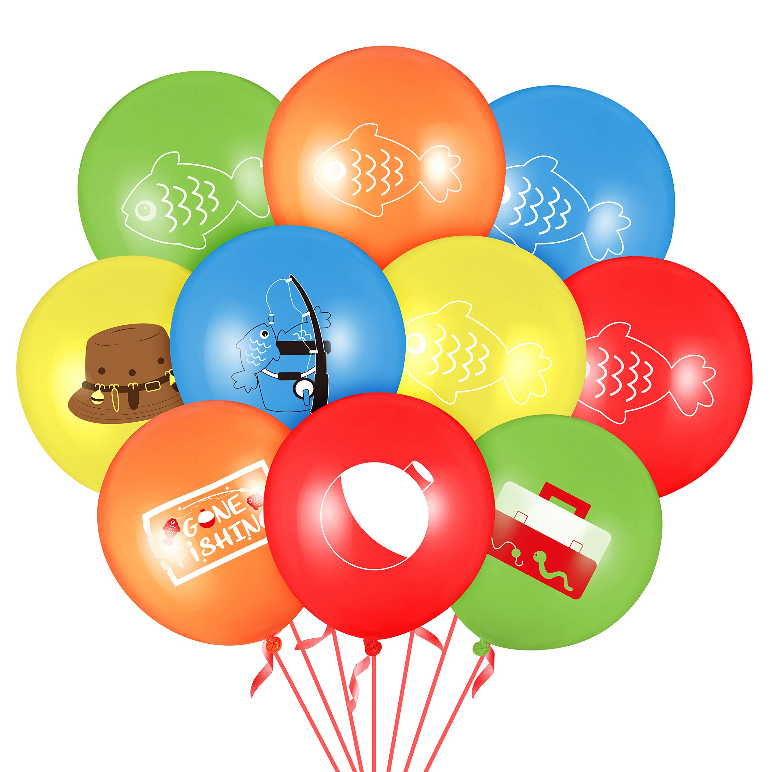 WATINC52pcs Fishing Latex Balloon Set for Summer Fish Party Decor, Double-Sided Print Bright Colors Fishes Balloon with Red Ribbon for Baby Shower, The Big One Bobber Balloon for Birthday Beach Party