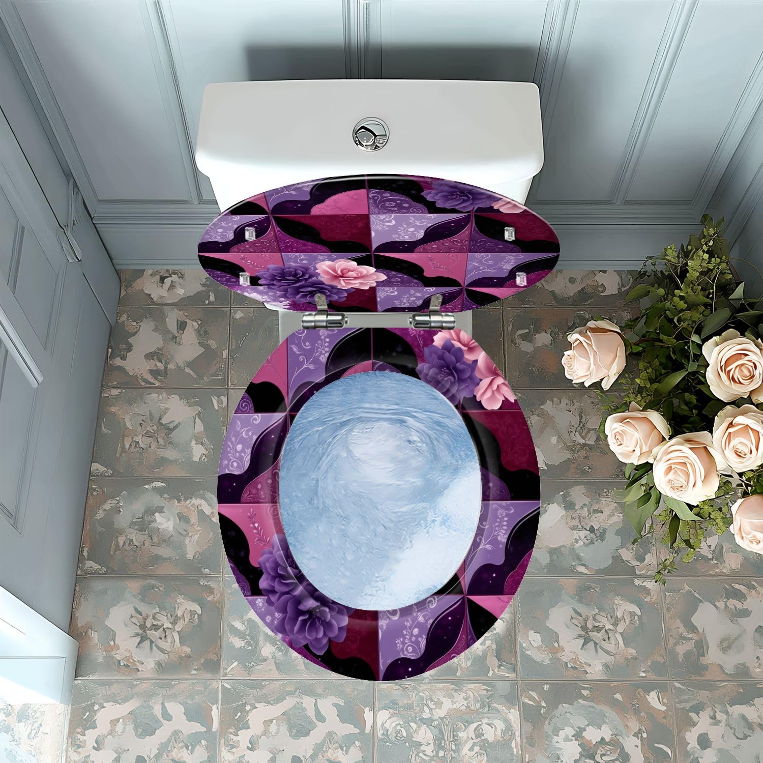 Asiento de inodoro decorativo de resina, con cierre suave y liberación rápida para baño.