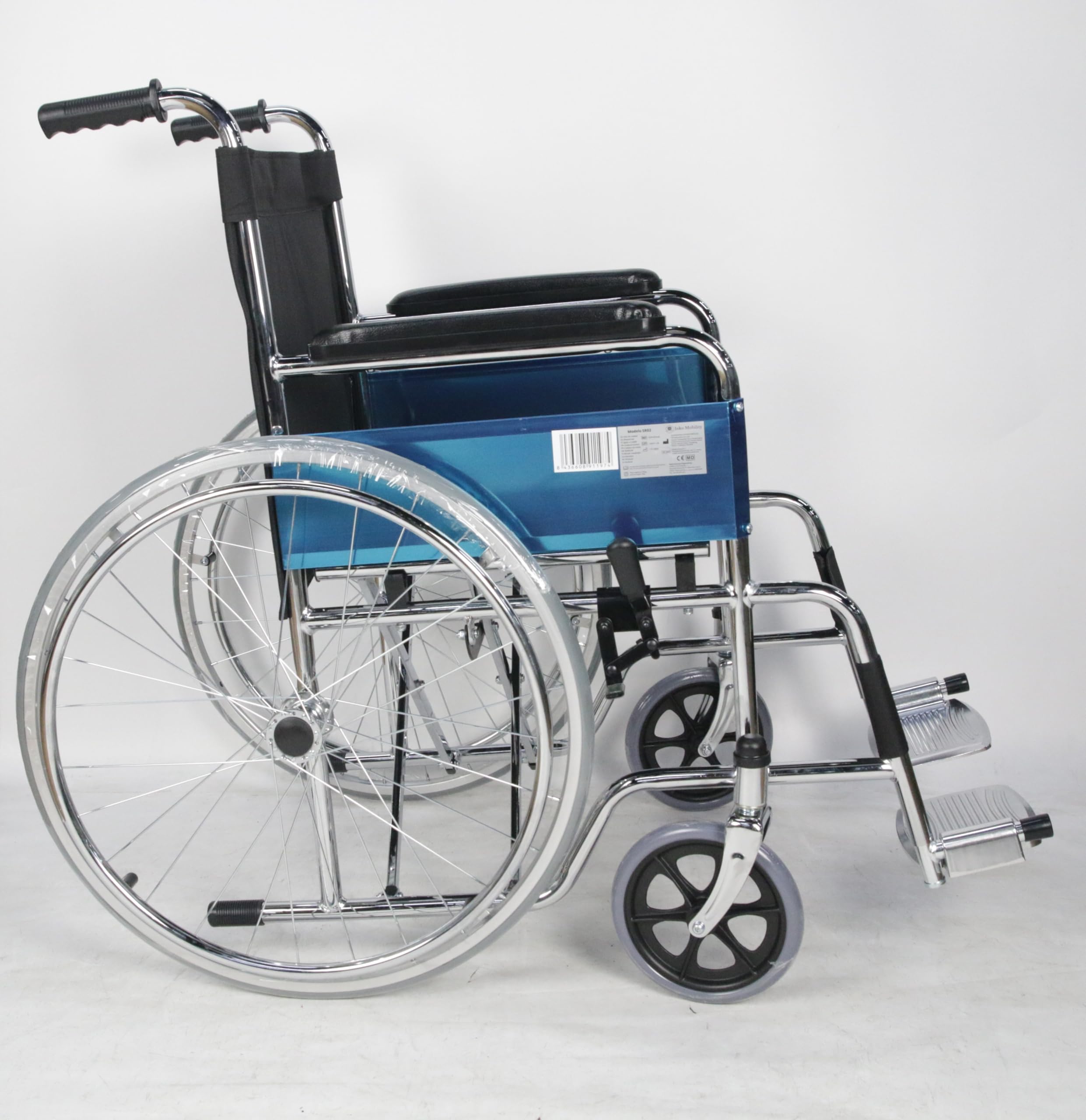 Silla de ruedas plegable, Ligera, Autopropulsable, Freno de estacionamiento, Asiento 46cm, Reposapiés abatibles,Bolsillo Trasero, Reposabrazos acolchados, Resistente,Marca españa