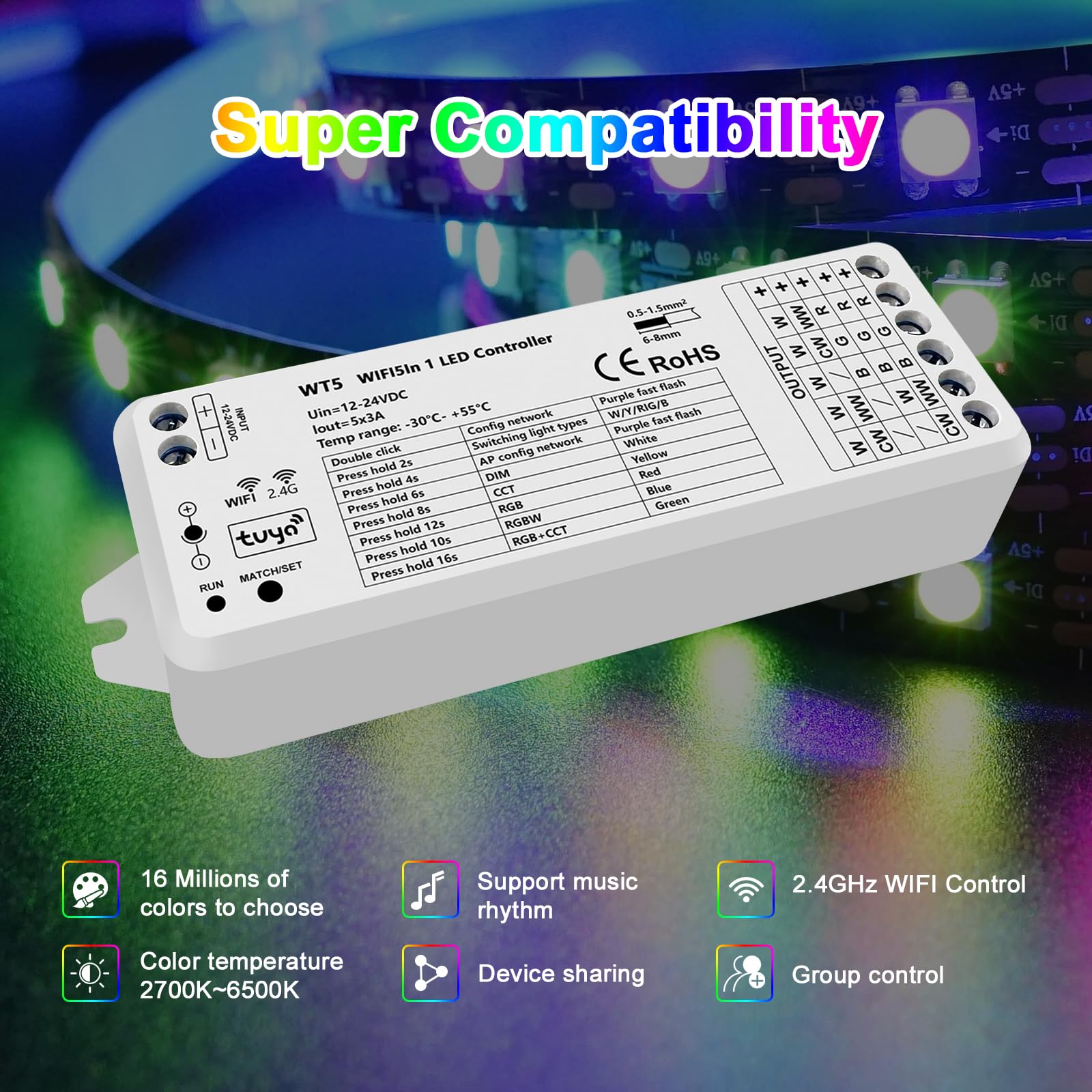 WT5 Zestaw 2 bezprzewodowych kontrolerów WiFi LED - RGBW, 2,4 GHz, kompatybilny z Tuya, Echo, Smart Life, pilot RF do oświetlenia wewnętrznego premium (bez zasilania