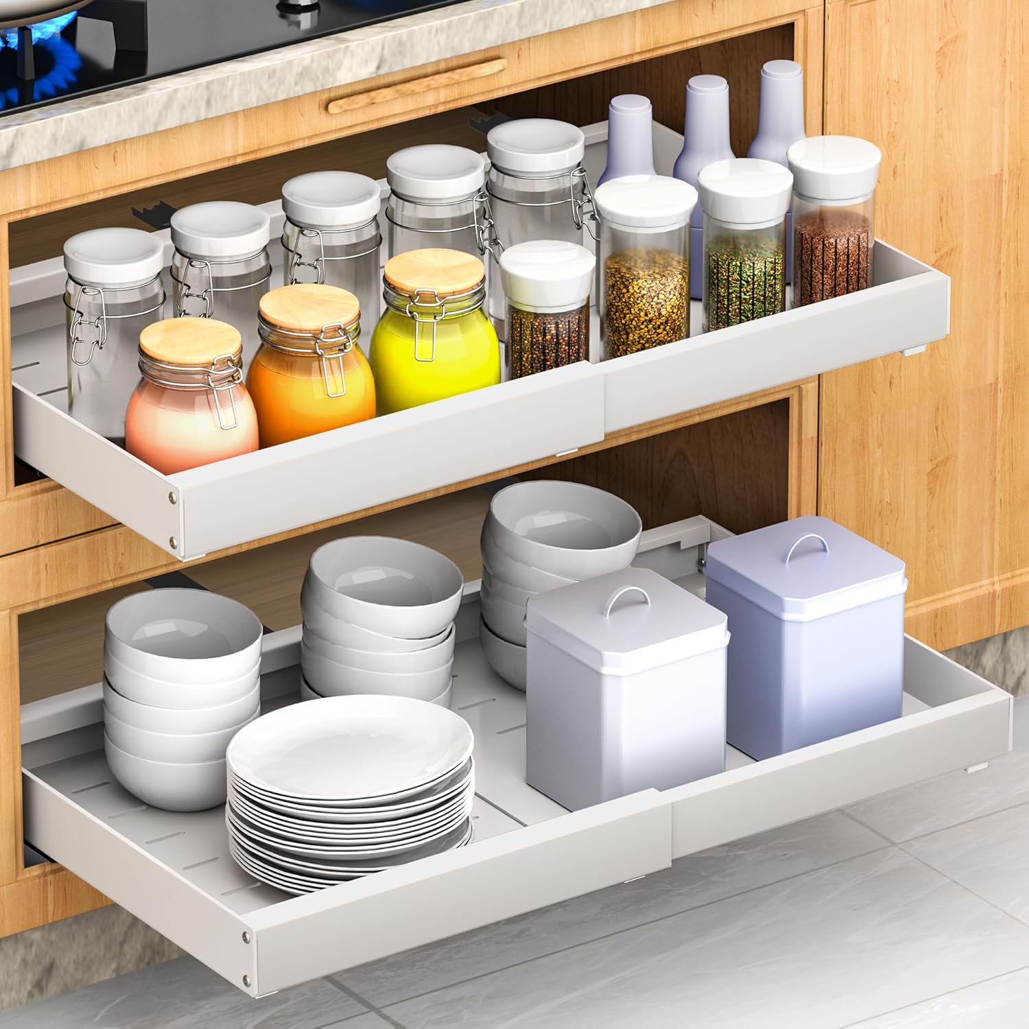 2 Pack Pull Out Cabinet Organizer Expandable,Adjustable 12-21 Inch Width Slide Out Drawer Shelves,Painted Carbon Steel with Heightening Pad,No Drill,for Kitchen/Bathroom/Pantry/Under Sink/Laundry Room