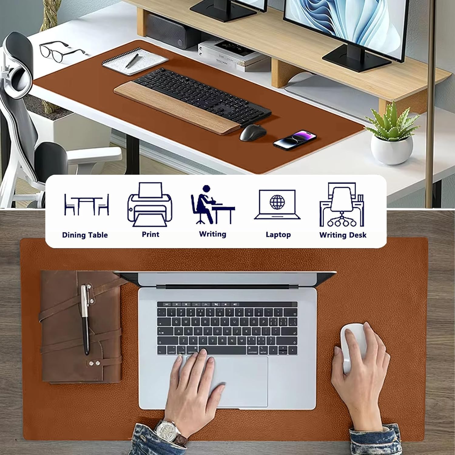 PU Leather Desk Pad Protector Gaming Mouse Pad Non Slip Desk Mat for Keyboard and Mouse Waterproof Desk Writing Pad for Office and Home Desk Accessories(Brown, 23.6 * 11.8) - Image 4
