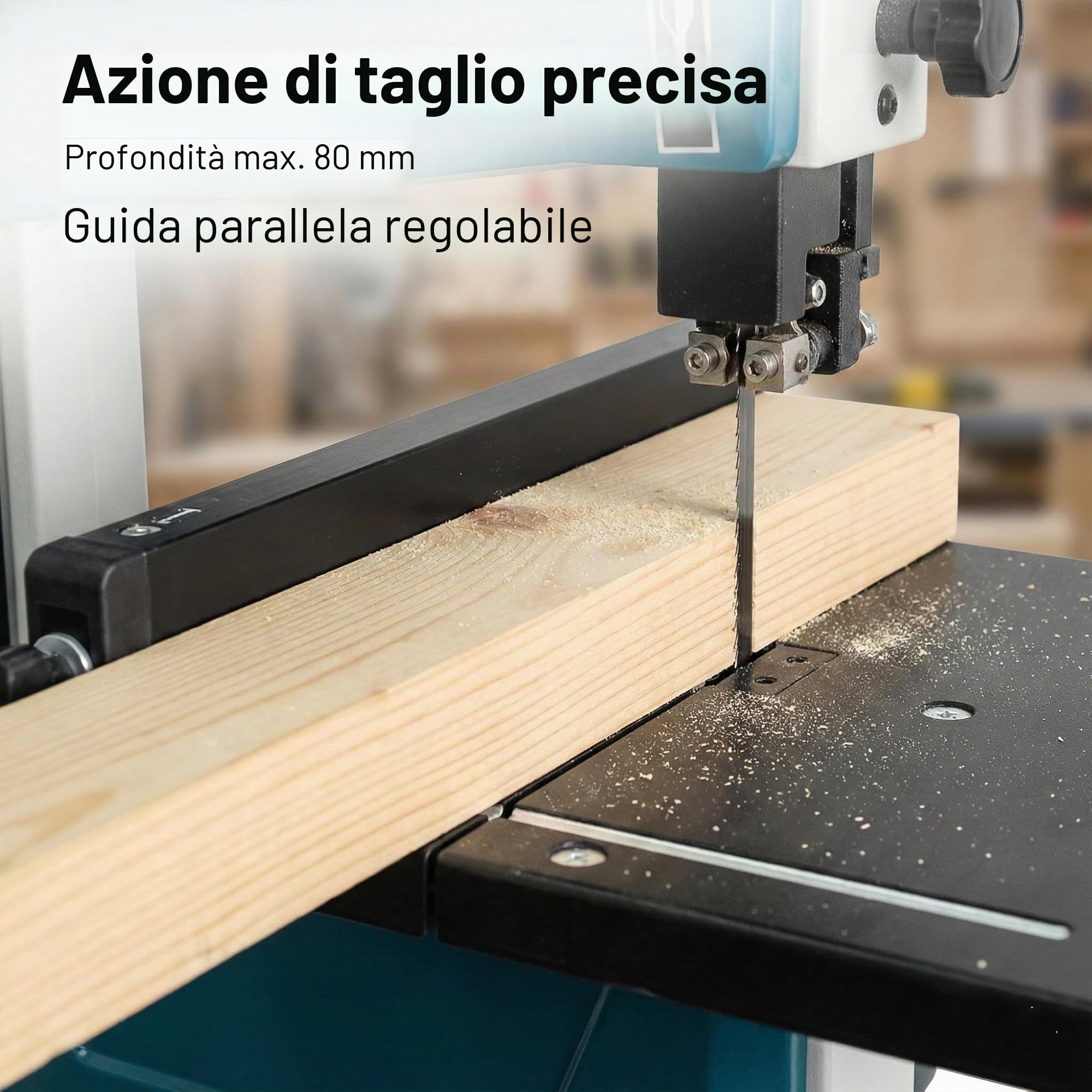 KATSU Tools Sega a nastro da banco 200 mm 350 W Sega a nastro elettrica per lavorazione del legno, tavolo da lavoro in metallo inclinabile a 45° per tagli obliqui, lama inclusa 100555