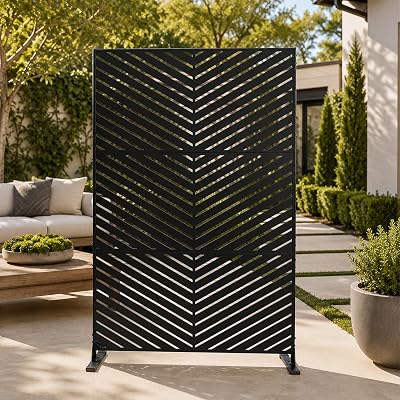 Kozyard Metal Privacy Screen 74" H x 47.2" W Decorative Outdoor Divider with Stand Panels Freestanding Screen Set for Deck Patio Balcony Garden Outdoor&Indoor(Black/Chevron)
