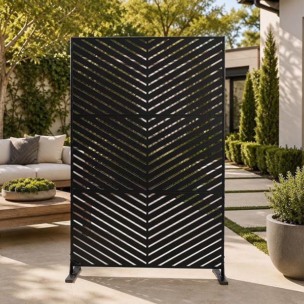 Kozyard Metal Privacy Screen 74" H x 47.2" W Decorative Outdoor Divider with Stand Panels Freestanding Screen Set for Deck Patio Balcony Garden Outdoor&Indoor(Black/Chevron)