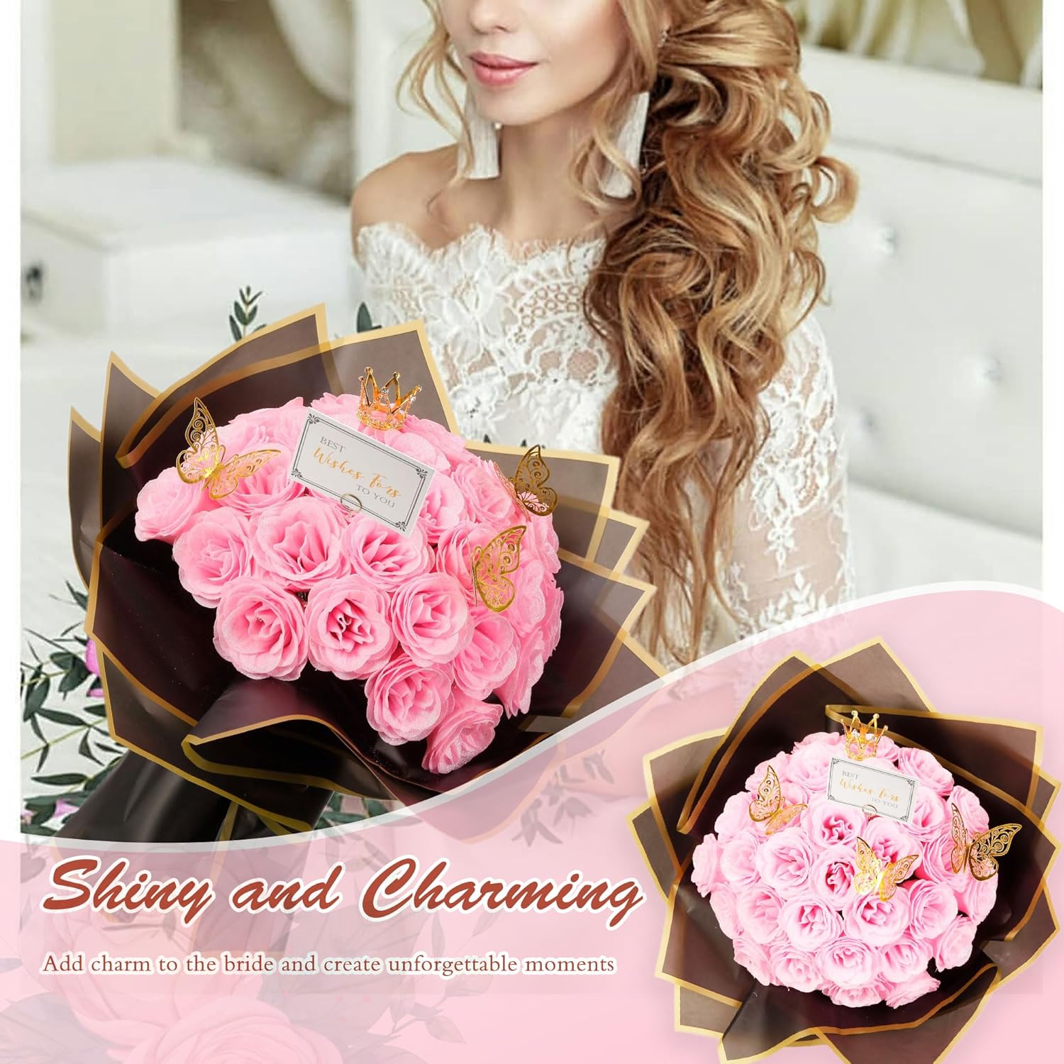 Pink Glitter Roses Bouquet, 30 Pcs DIY Fake Flowers Bouquet, Everlasting Shiny Artificial Rose Bouquet for Valentine's Day, Anniversary, Engagement, Wedding - Image 2