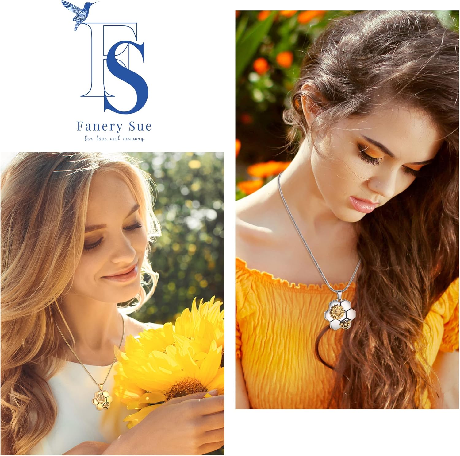Fanery Sue Personalized Locket Necklace that Holds Pictures, Bee Sunflower Lockets Necklaces Customize Photo Picture Pendant Jewelry for Women Girls