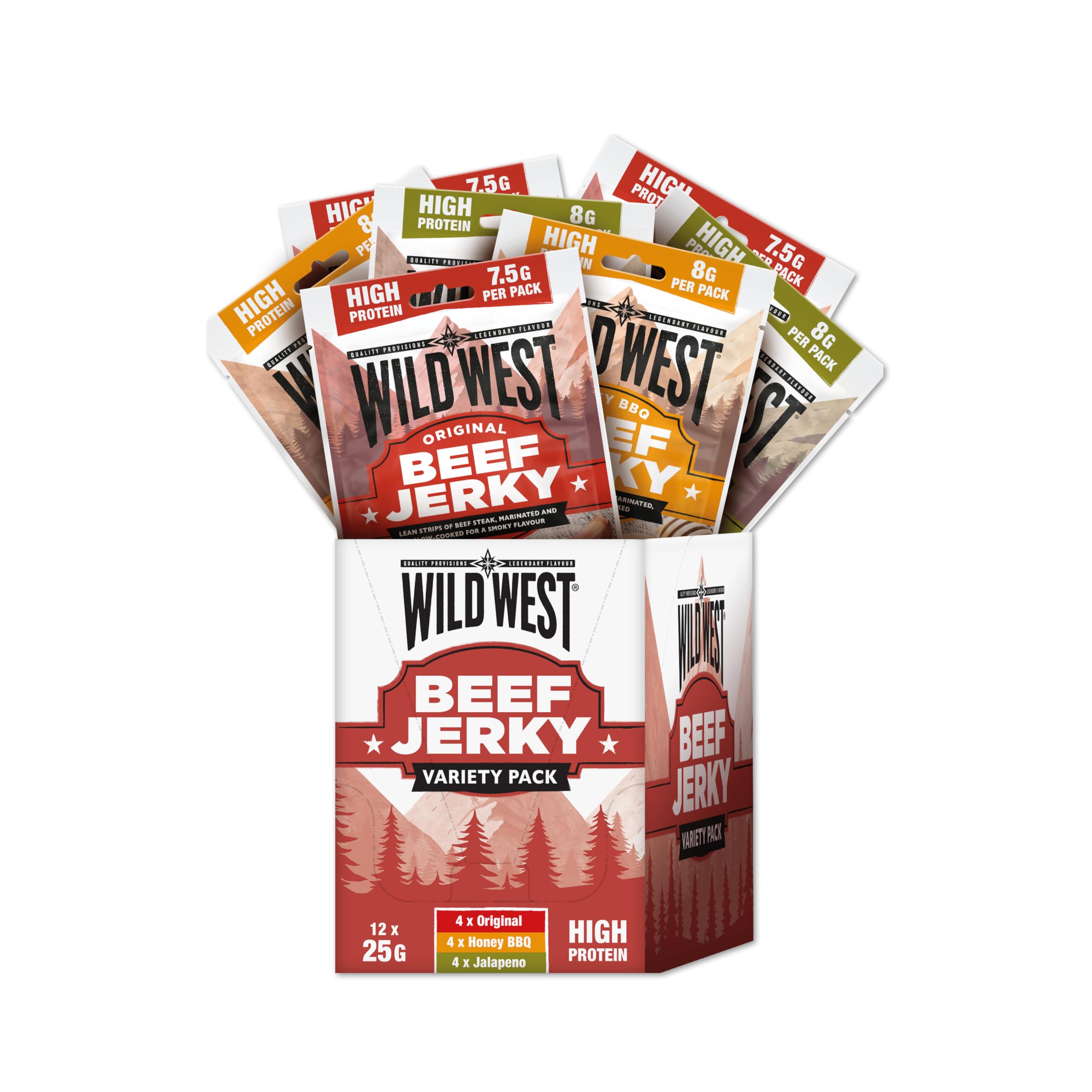 Wild West Beef Jerky, Mix Box 25g, 12er Pack mit 4x Original, 4x Honey BBQ, 4x Jalapeno - Beef Jerky high Protein Trockenfleisch, Protein Snack