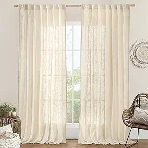 LAMIT Extra Wide Linen Curtains for Bedroom, Natural Light Filtering Faux Linen Textured Panels Semi Sheer Back Tab and Rod Pocket Boho Drapes for Living Room/Farmhouse, 2 Panels, Beige, 60 x 84 Inch
