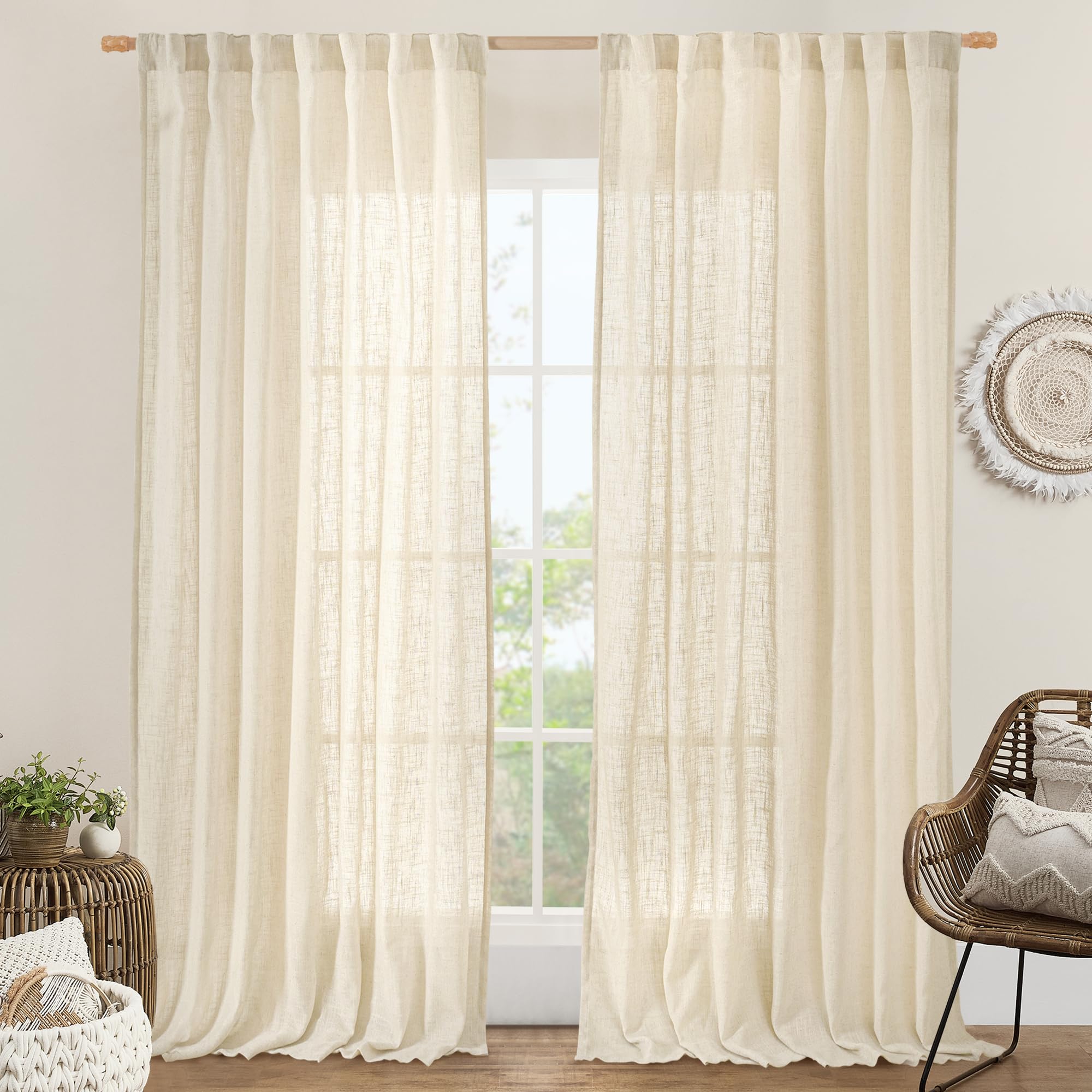 LAMIT Extra Wide Linen Curtains for Bedroom, Natural Light Filtering Faux Linen Textured Panels Semi Sheer Back Tab and Rod Pocket Boho Drapes for Living Room/Farmhouse, 2 Panels, Beige, 60 x 84 Inch โ image 1