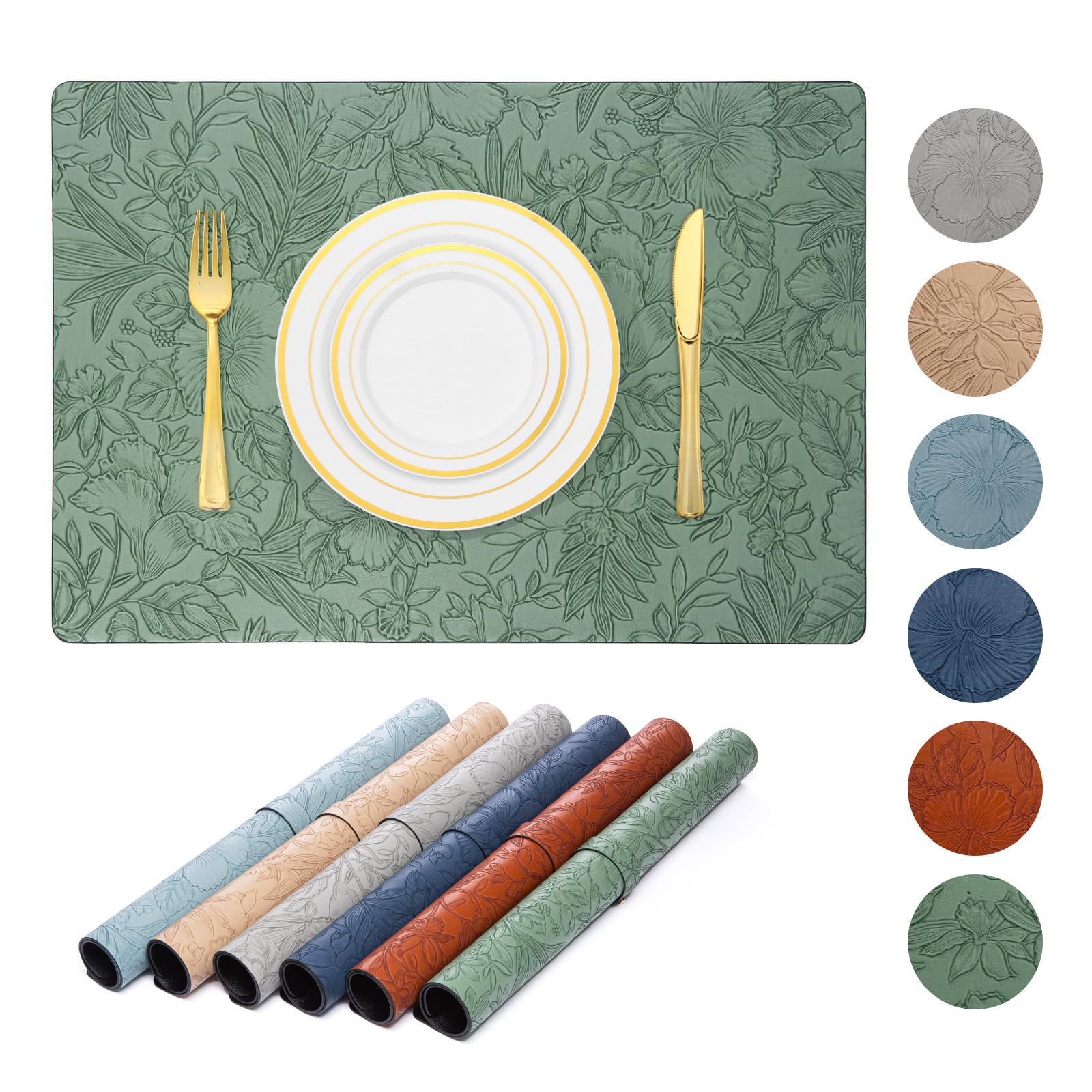 Floral Faux Leather Placemats Set of 6, 17’’×12’’ Waterproof Heat Resistant Oilproof Wipeable Place Mat, Washable Dining Table Mat, Easy to Store, Gift for Family, Green