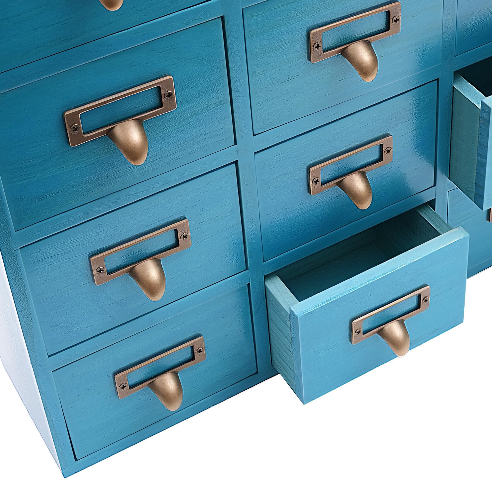 Vintage Apothekerschrank mit 16 Schubladen, Blauer Holz Schubladenschrank, Mini Kommode für Schreibtisch Organizer & Aufbewahrung von Schmuck, Medikamenten & Kleinigkeiten