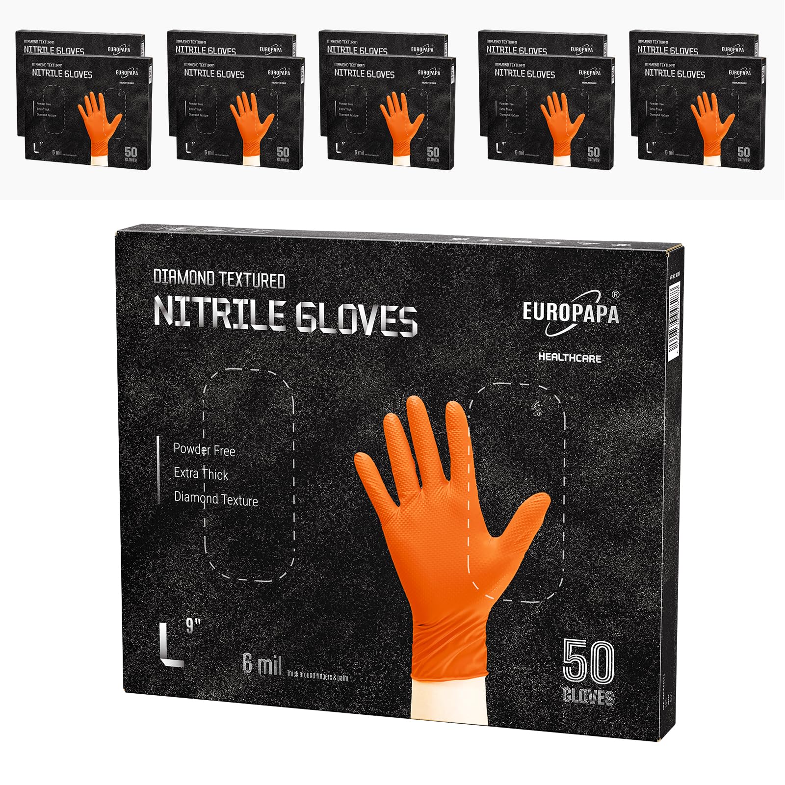 EUROPAPA® 500 Stück (10x50) extra Dicke Nitrilhandschuhe DiamantGrip Diamant Perfect Grip Einweghandschuhe Montageschutzhandschuhe puderfreier latexfreier Arbeitshandschuhe (6 mil, L, Orange)