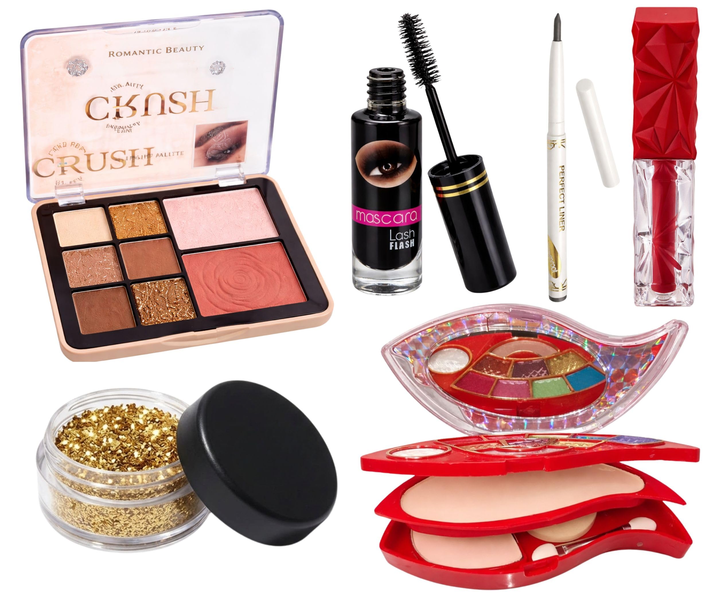 Ultimate Festive Glam 6-in-1 Makeup Combo - Includes 3-Tier Multi-Functional Palette, 8-Color Eyeshadow & Blush Palette, Loose Gold Eye Glitter, Waterproof Mascara, Precision Kajal & Red Matte Liquid Lipstick - Complete Party Look Kit-image-44