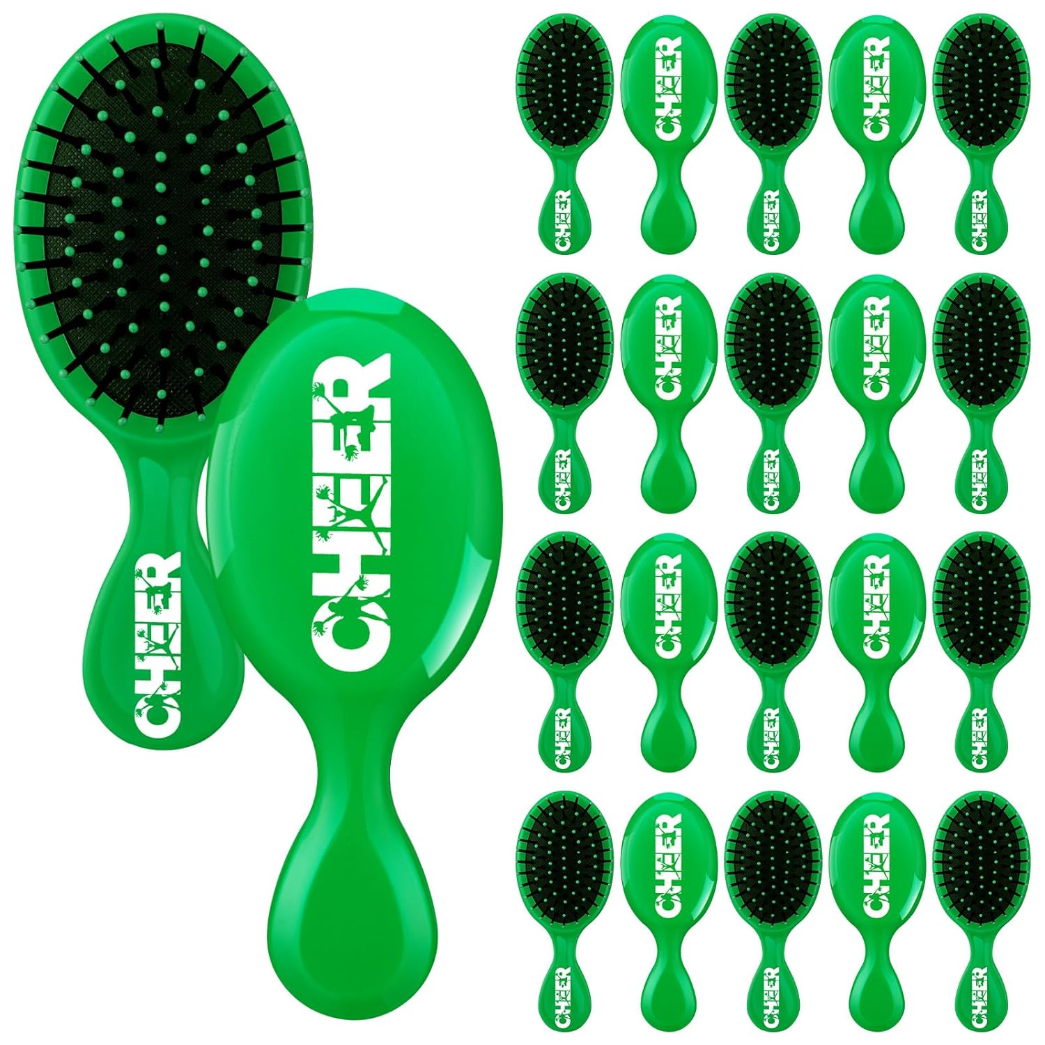 SiliFine 20 Pack Cheer Mini Hair Brushes Bulk Cheer Gifts Bulk for Team Detangling Hair Brushes Plastic with Bristles for Cheerleader Team Sport Valentine Gifts for Women(Green)