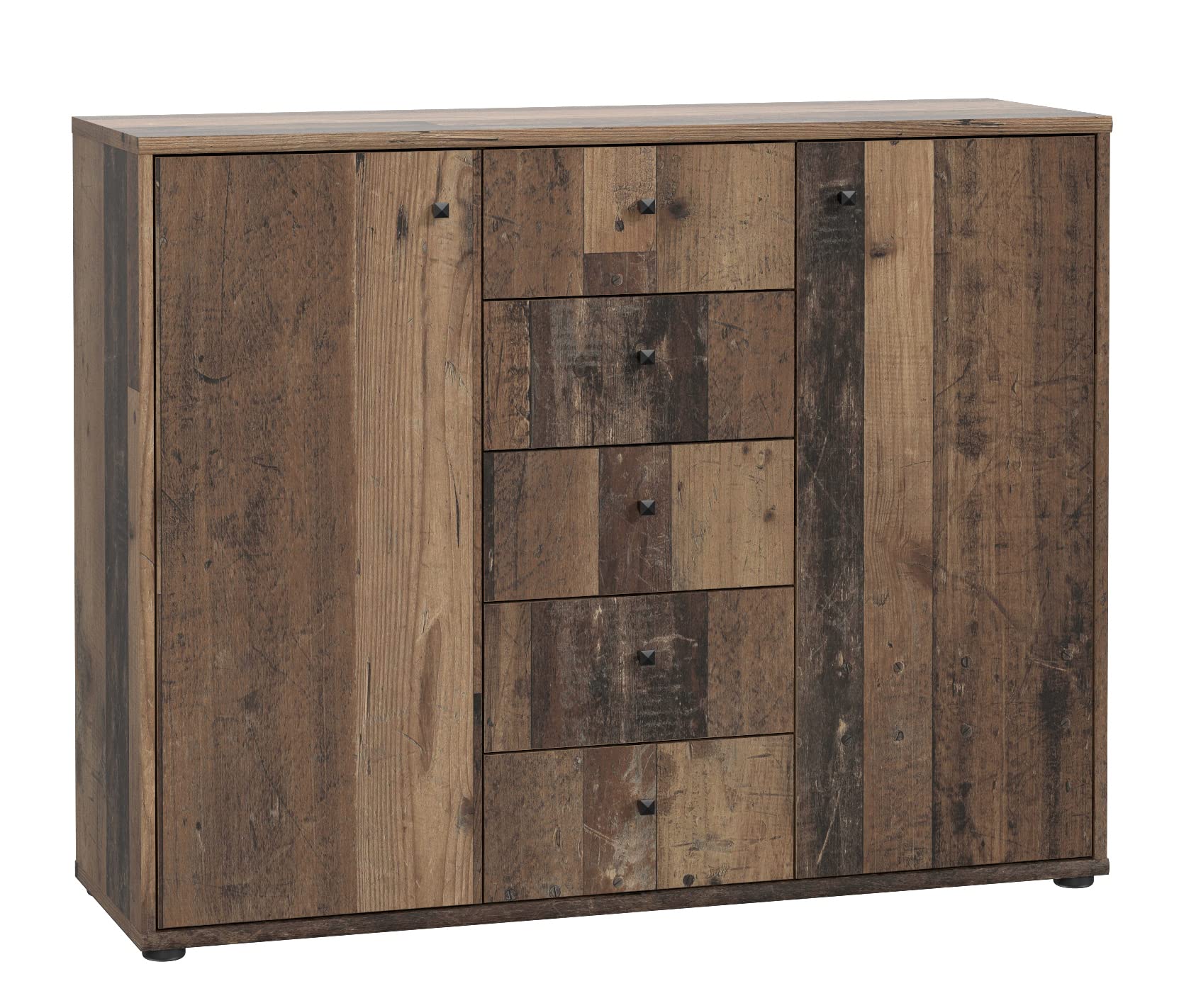 FORTE TEMPRA 2 Kommode mit 2 Türen und 5 Schubladen, Holzwerkstoff, Old-Wood Vintage Dekor (B x H x T: 108,8 x 85,5 x 34,8 cm)