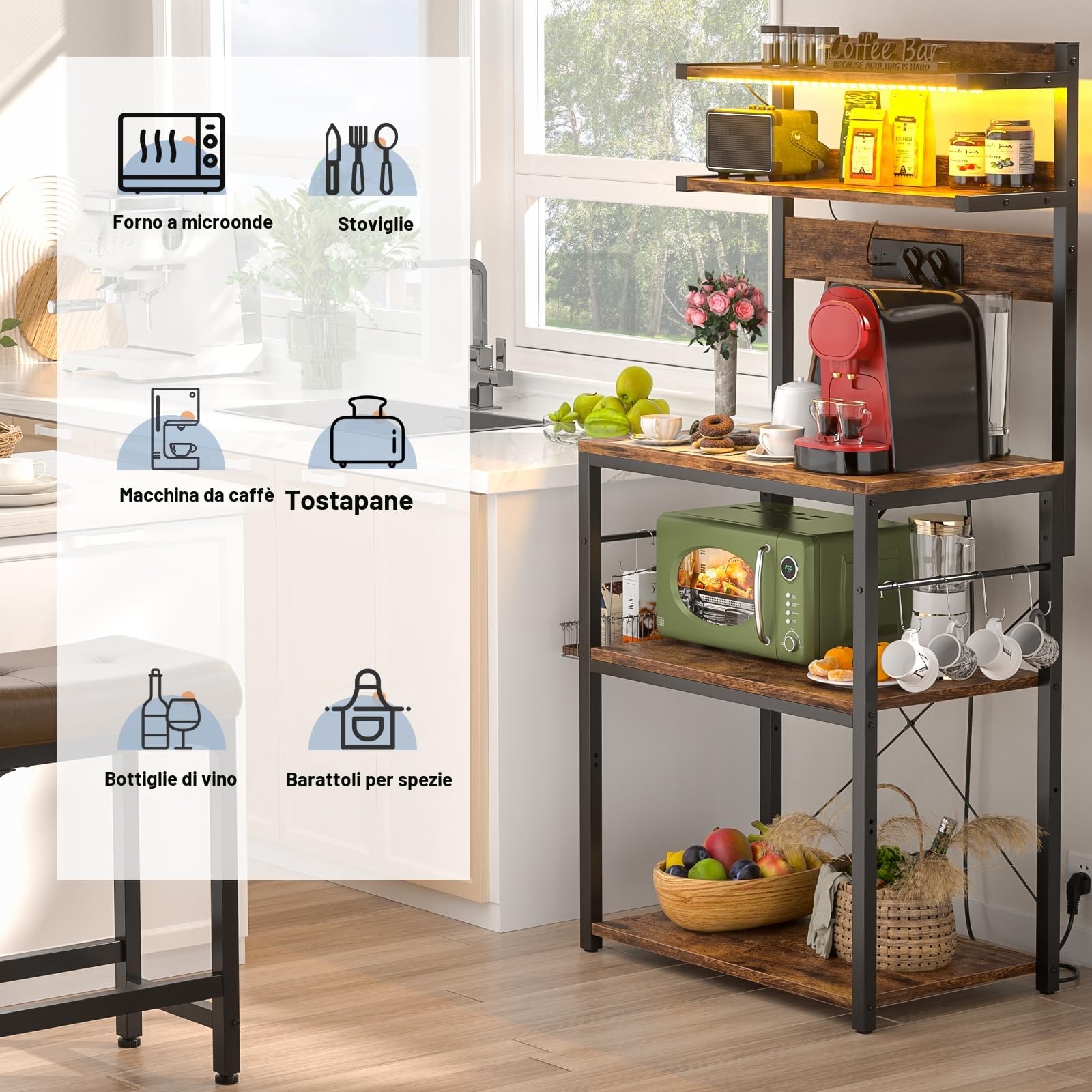 iSunirm Scaffale Cucina con Multipresa,Supporto per Forno a Microonde con Striscia Luminosa a LED,Portaoggetti a 5 Ripiani con 6 Ganci per Bar,40 x 60 x 147 cm,Marrone