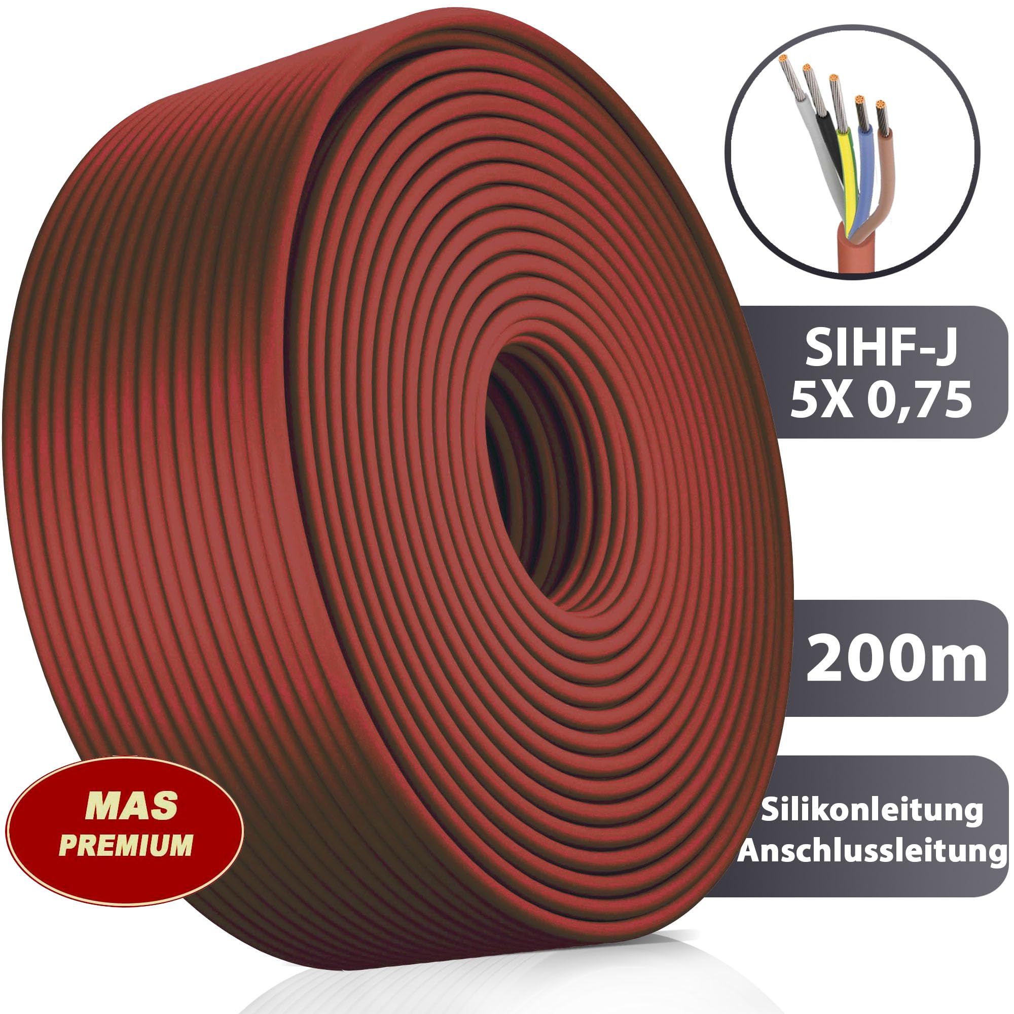 MAS Premium SIHF-J 5 x 0,75 1 1,5 2,5 4 6 cienkożyłowy, elastyczny do urządzeń o wysokiej temperaturze (SIHF-J 5 x 0,75, 200 m) 5-250 m