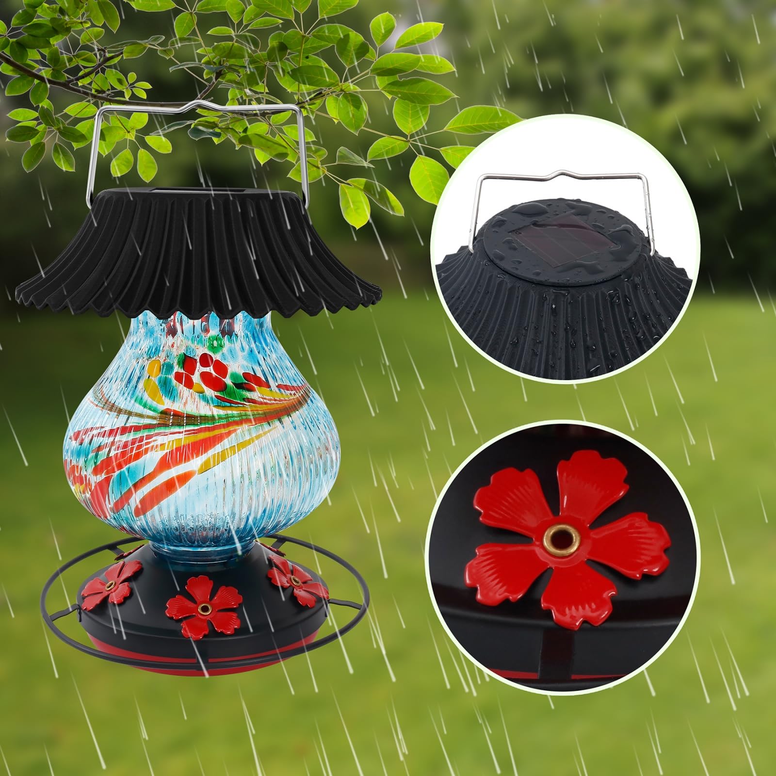 Solar-Kolibri-Futterspender aus Glas für den Außenbereich, 5 Futteröffnungen mit Sitzstange, auslaufsicher, perfekter mundgeblasener Glasfarbwechsel zum Aufhängen im Freien, Blau