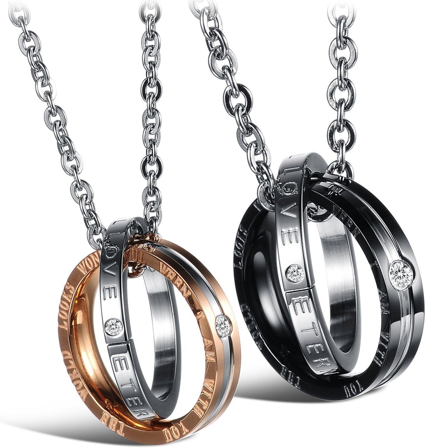 JingChow Jewelry Necklace Couple Set His & Hers Titanium Stainless Steel Double Ring Pendant 1 Pair