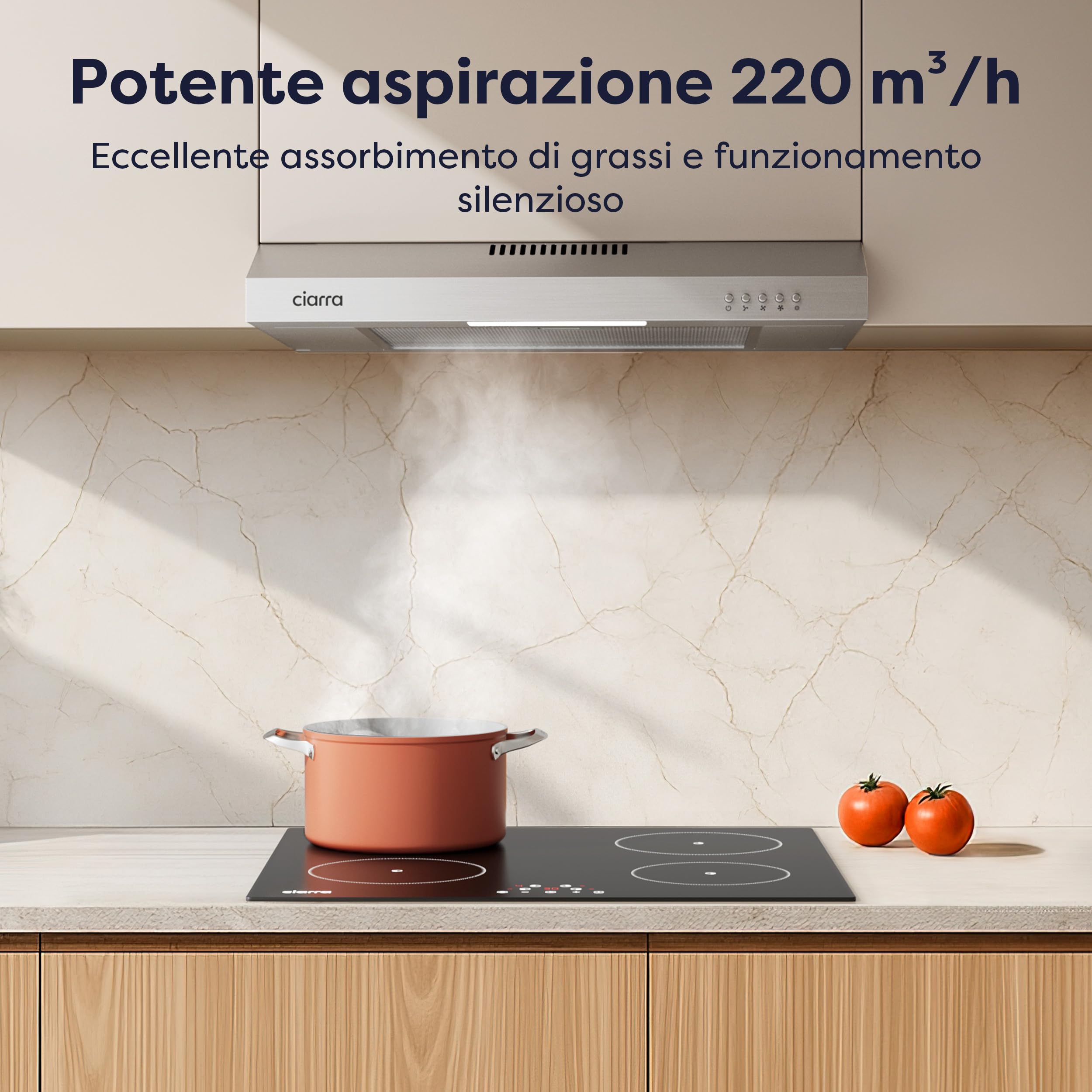 CIARRA Cappa Aspirante 60 cm Sottopensile Cappa da Cucina con Pannello Argento LED Montaggio a Parete con Ventola Estrattore (Acciaio Inox)-CAW6903A