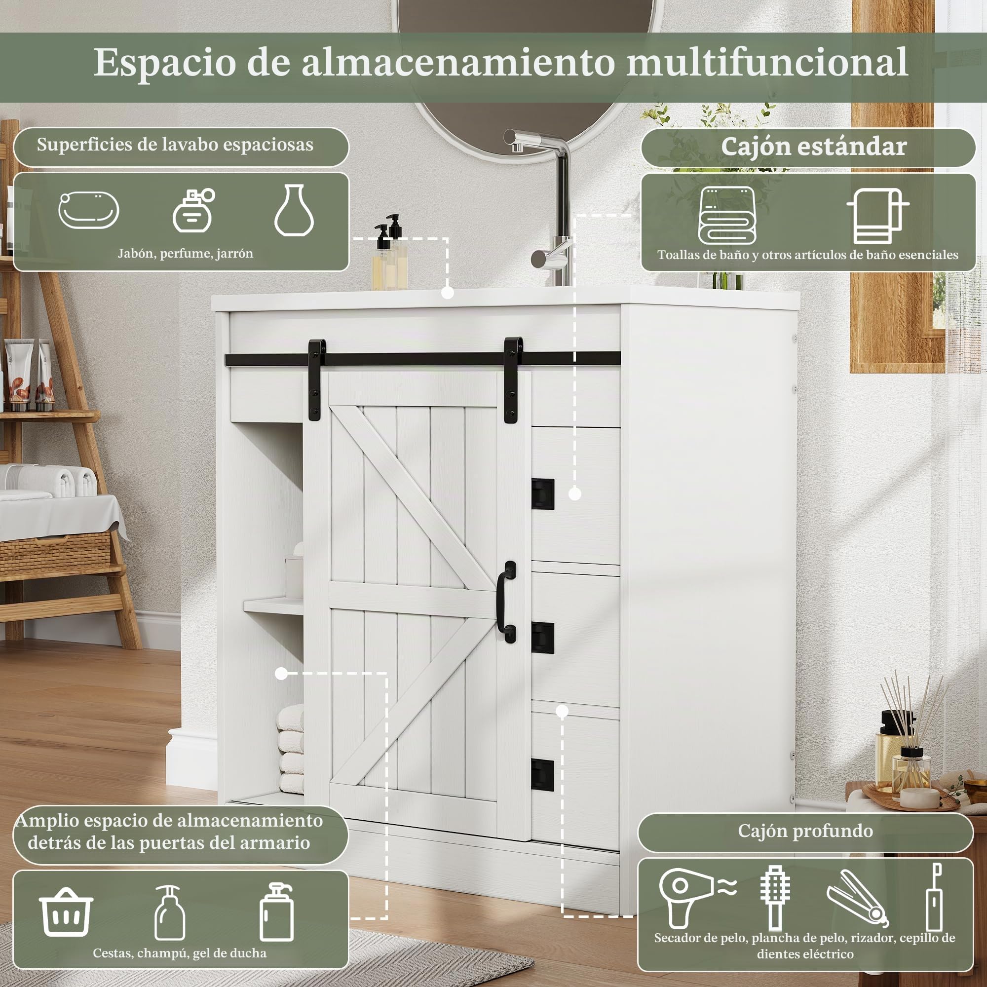 Mueble Baño con Puerta, Mueble de Baño, Lavabo con Mueble con Estante Ajustable, Armario Bajo Lavabo, Mueble de Almacenaje con Compartimentos para Cocina, Cierre Suave, 87,5x76x46,5 cm (Blanco