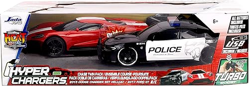 Miniatura 5 de Jada Toys Hyperchargers Heat Chase - Vehículo de control de radio - Paquete doble con carga USB (2 piezas), escala 1: 16, Dodge Charger SRT Hellcat