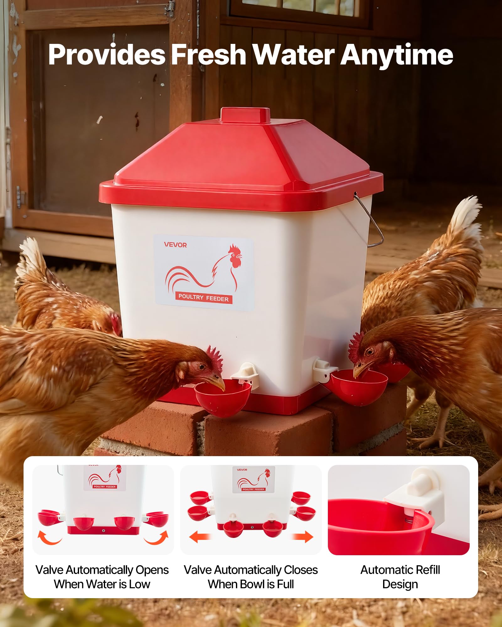 VEVOR Abbeveratoio Automatico per Polli da 19 L, 6 Porte per l'Acqua, Tazza per l'Acqua a Riempimento, con Maniglia e Anello di Gomma Sigillato, Materiale PP Impermeabile, Design Senza Sprechi