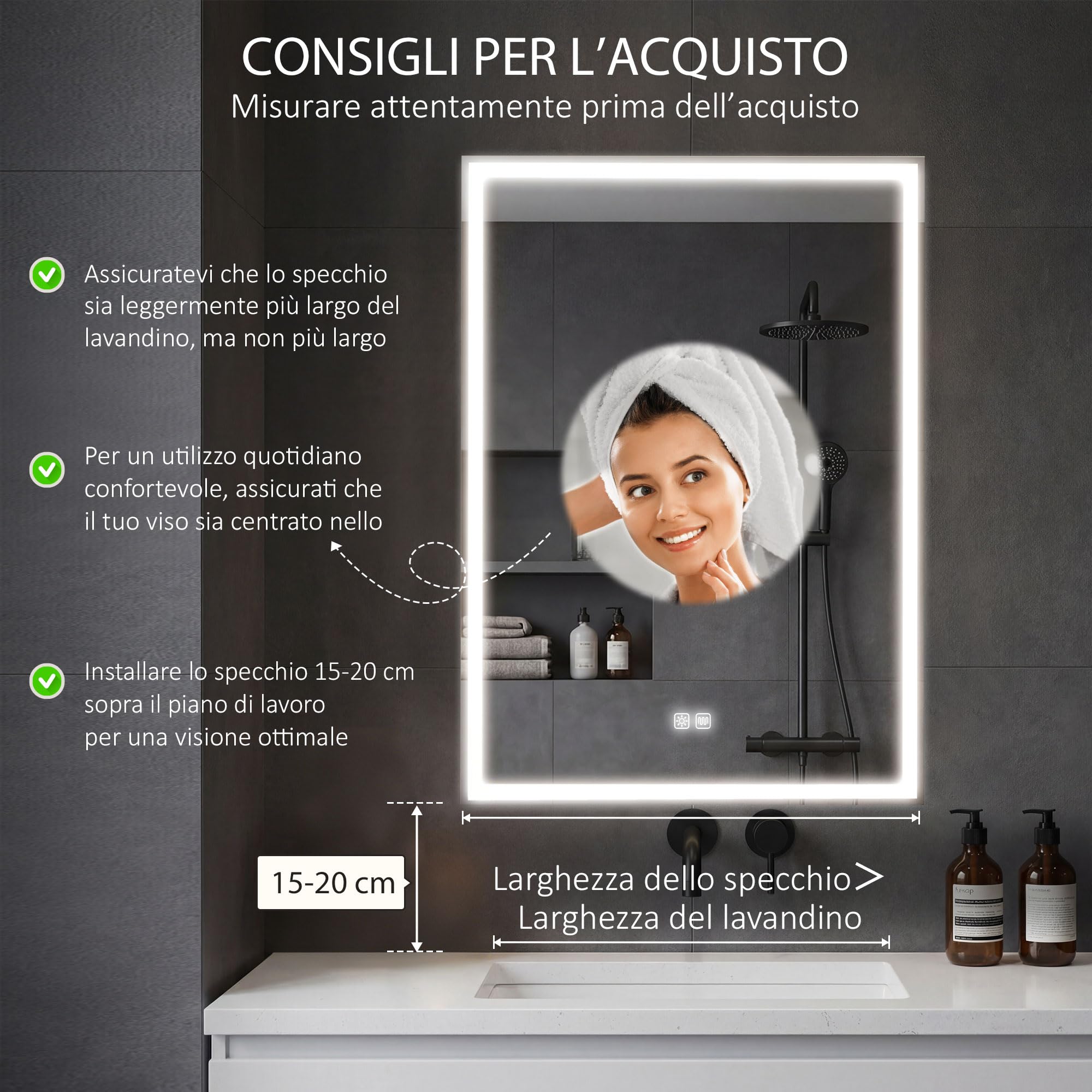 HOMCOM Armadietto a Specchio per Bagno con Luci LED e Presa per Rasoio, Armadietto a Parete con Specchio, Pad Anti-Appannamento, Dimmer, 3 Colori, Mobile da Bagno, Nero